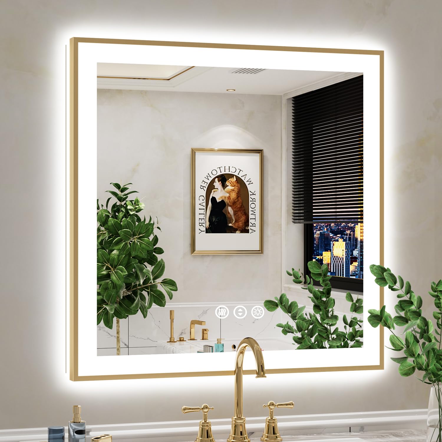 32x32 LED Bathroom Mirror with Lights, Gold Framed Lighted Mirror