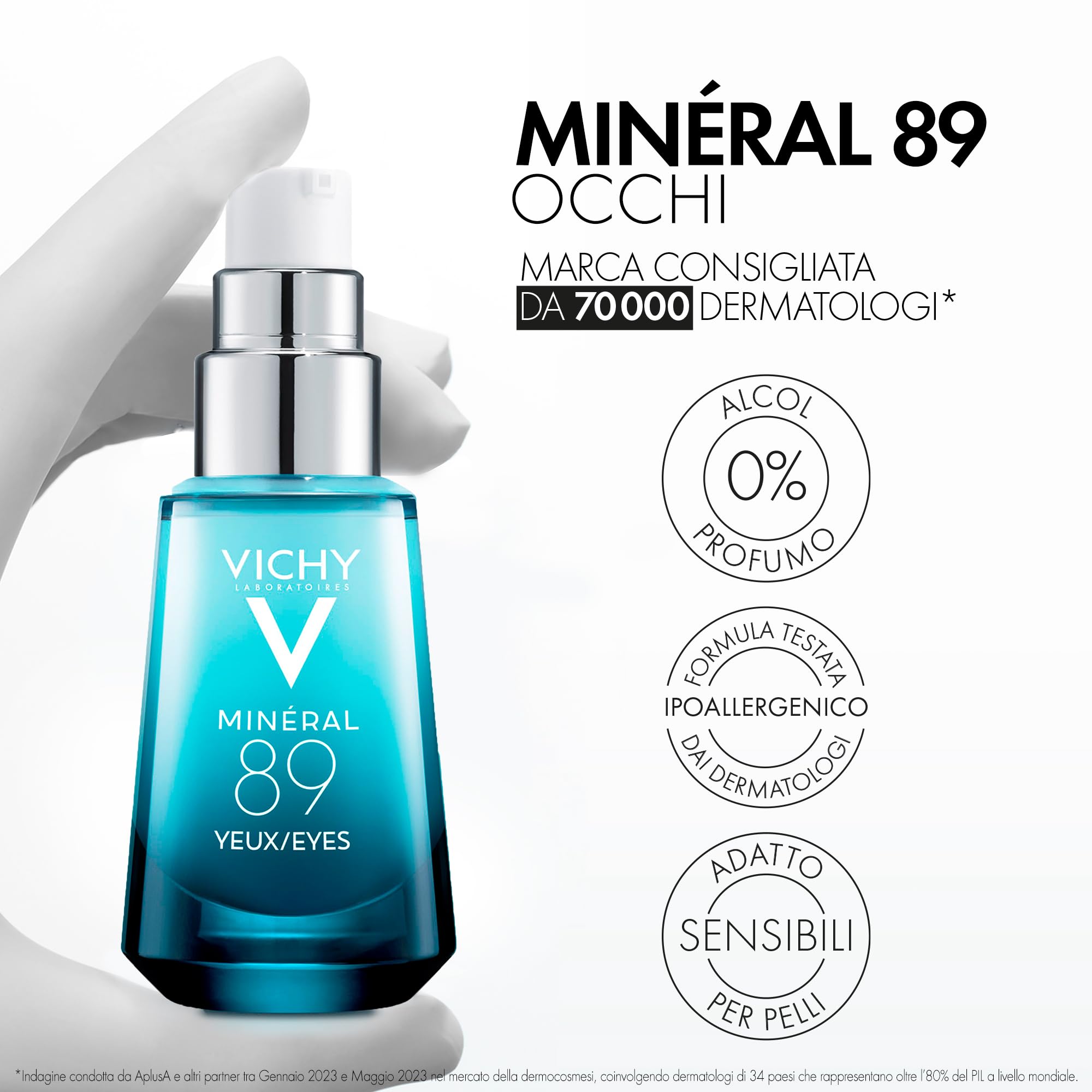 Vichy Minéral 89, Gel Occhi Fortificante, Per Tutti i Tipi di Pelle, 8H di Idratazione, Riduce Borse, Occhiaie e Linee Sottili, Con Caffeina, Acido Ialuronico e Acqua Vulcanica, 15 ml