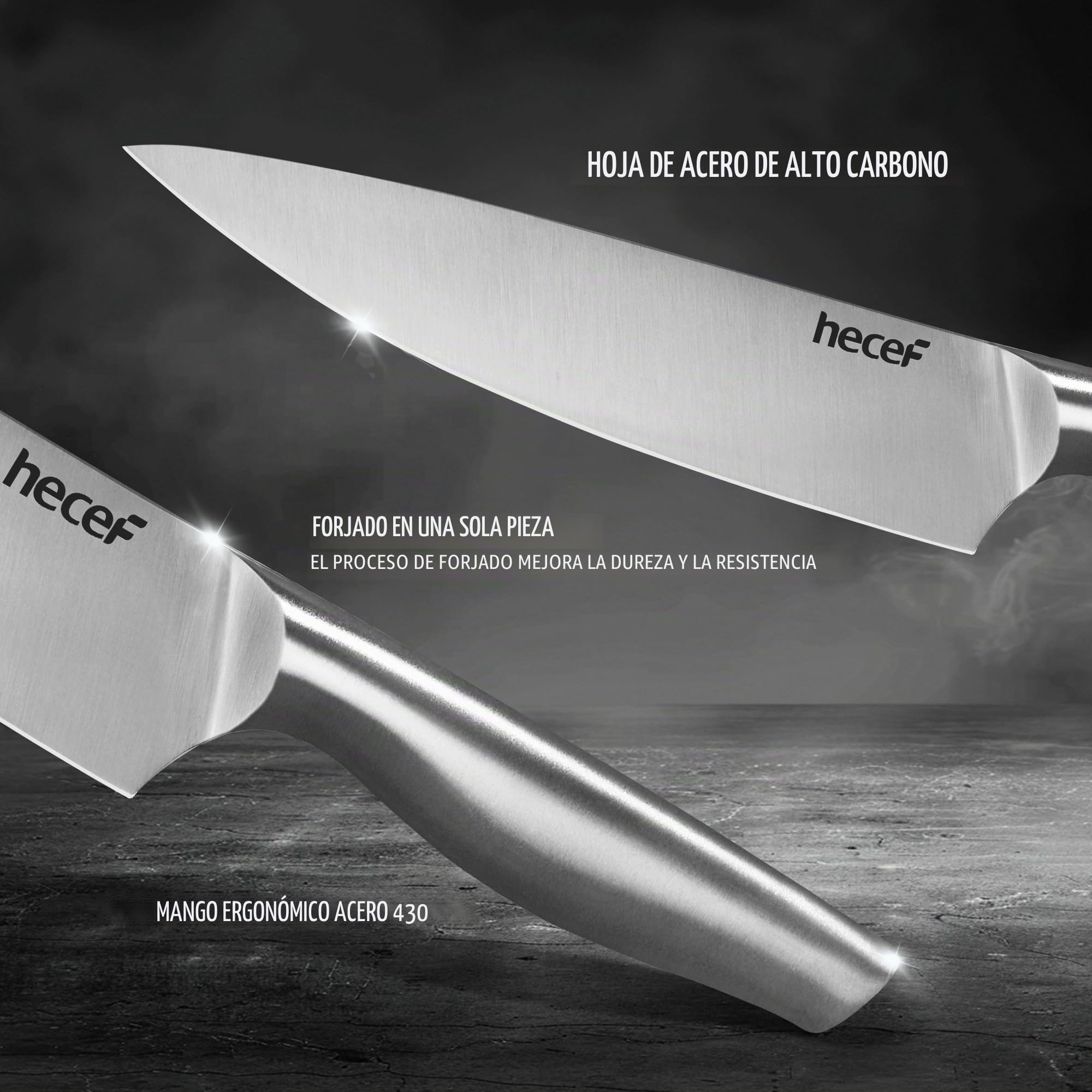 hecef Cuchillos Cocina con Bloque de Madera 6 Piezas, Acero Inoxidable Facas de Cozinha, Bloque de Cuchillos con Estante para Tabla de Cortar, Negro