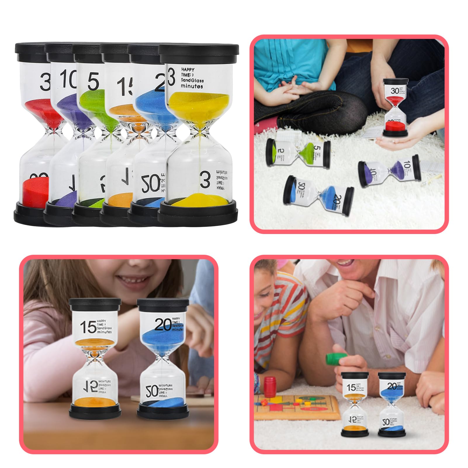 6 Piezas, Juego de Temporizador de Arena Decorativo, Vidrio y Abs, Reutilizable, Diseño Compacto para Cocina, Aula y Juegos