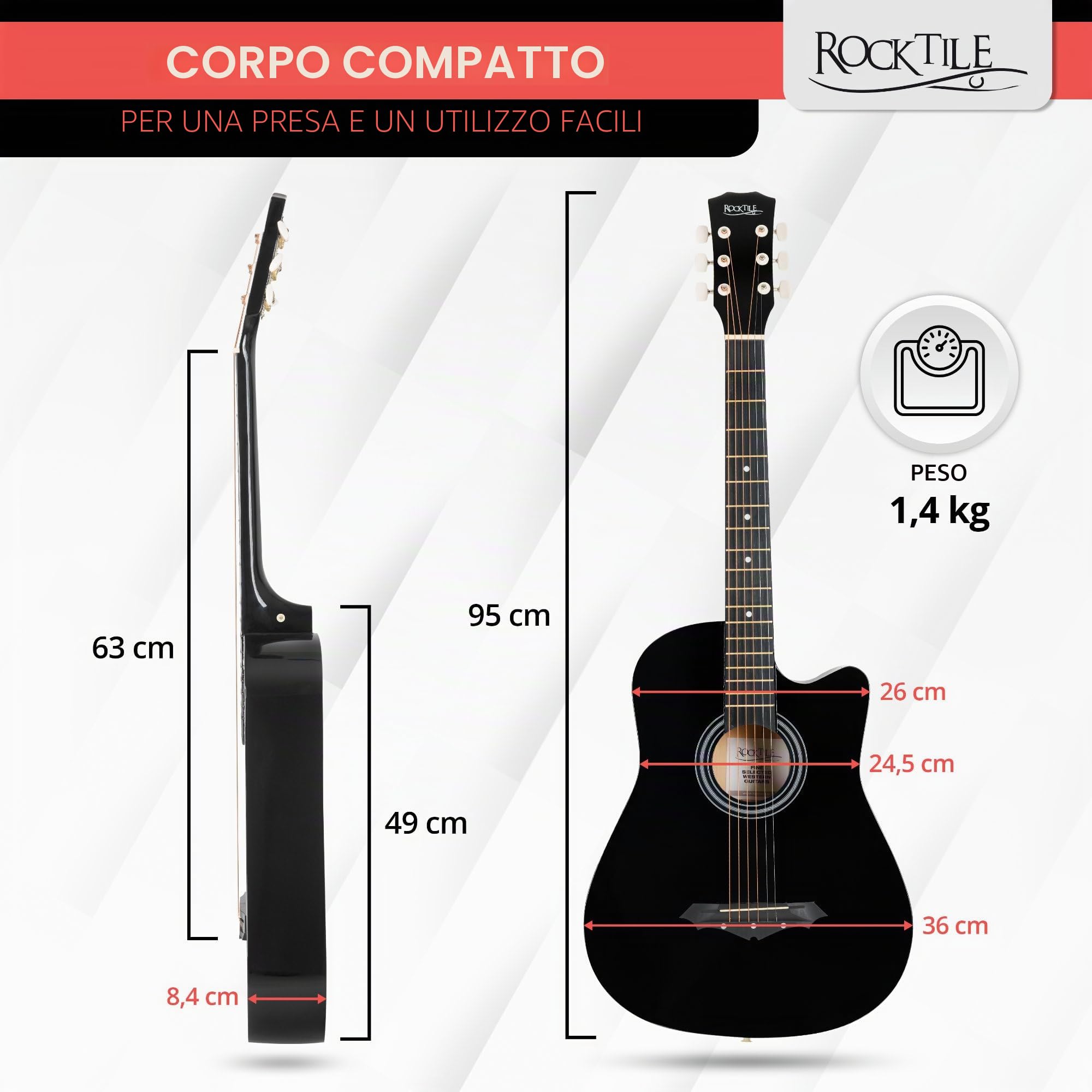 Rocktile WSD-5C-BK Slim Line Set Chitarra Western Nera, Generale, Peso: 1 | Modello: WSD-5C-BK, 4 kg, Lunghezza totale: 95 cm, Numero di corde: 6, Orientamento: Destrimano, Corpo, Top: Tiglio, Manico