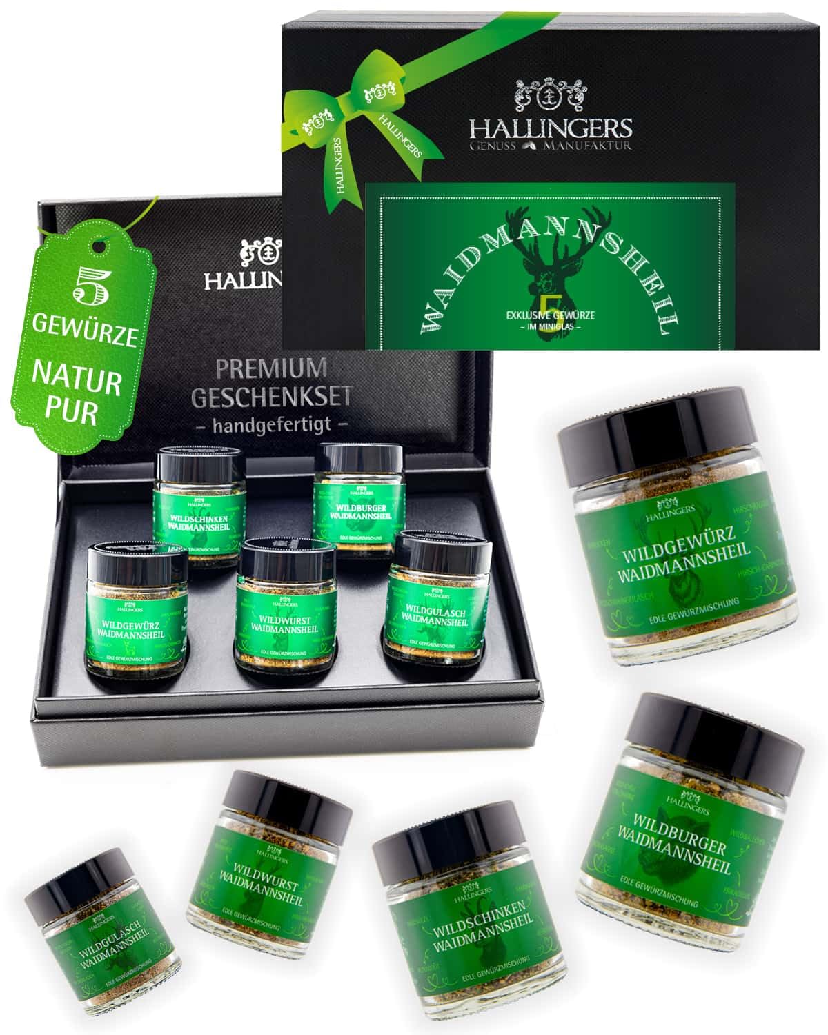 Hallingers Genuss Manufaktur Gewürz Jäger-Geschenk-Set - 5 Gewürze aus aller Welt in wertiger Geschenkbox mit Rezept-Booklet "Waidmannsheil", Jagd-Geschenkidee für Jäger