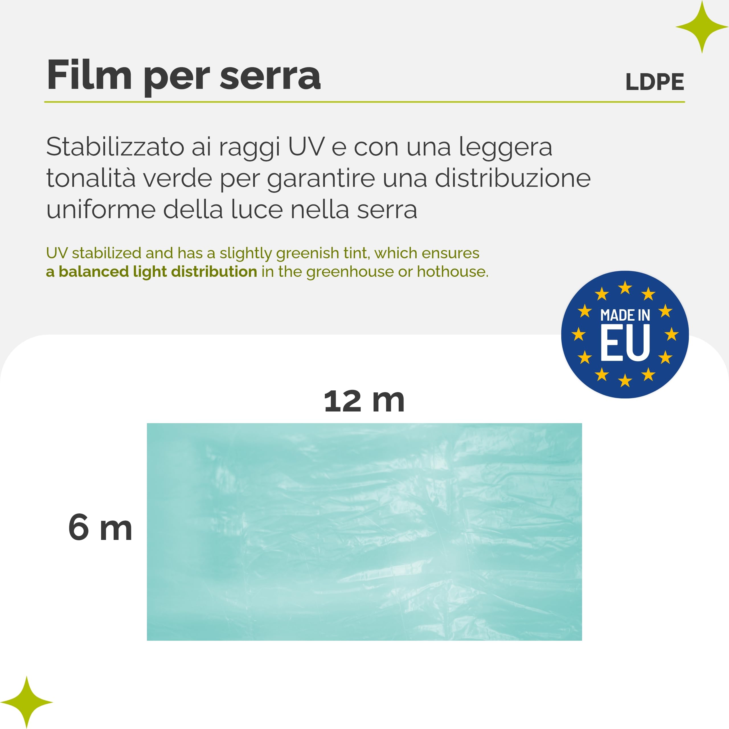 Garronda Telo Serra Trasparente Verde 6 x 12 m Pellicola in Plastica LDPE Stabilizzato UV Copertura Serra Resistente agli Strappi per Tunnel Giardino Orto Protezione Piante GD-0198