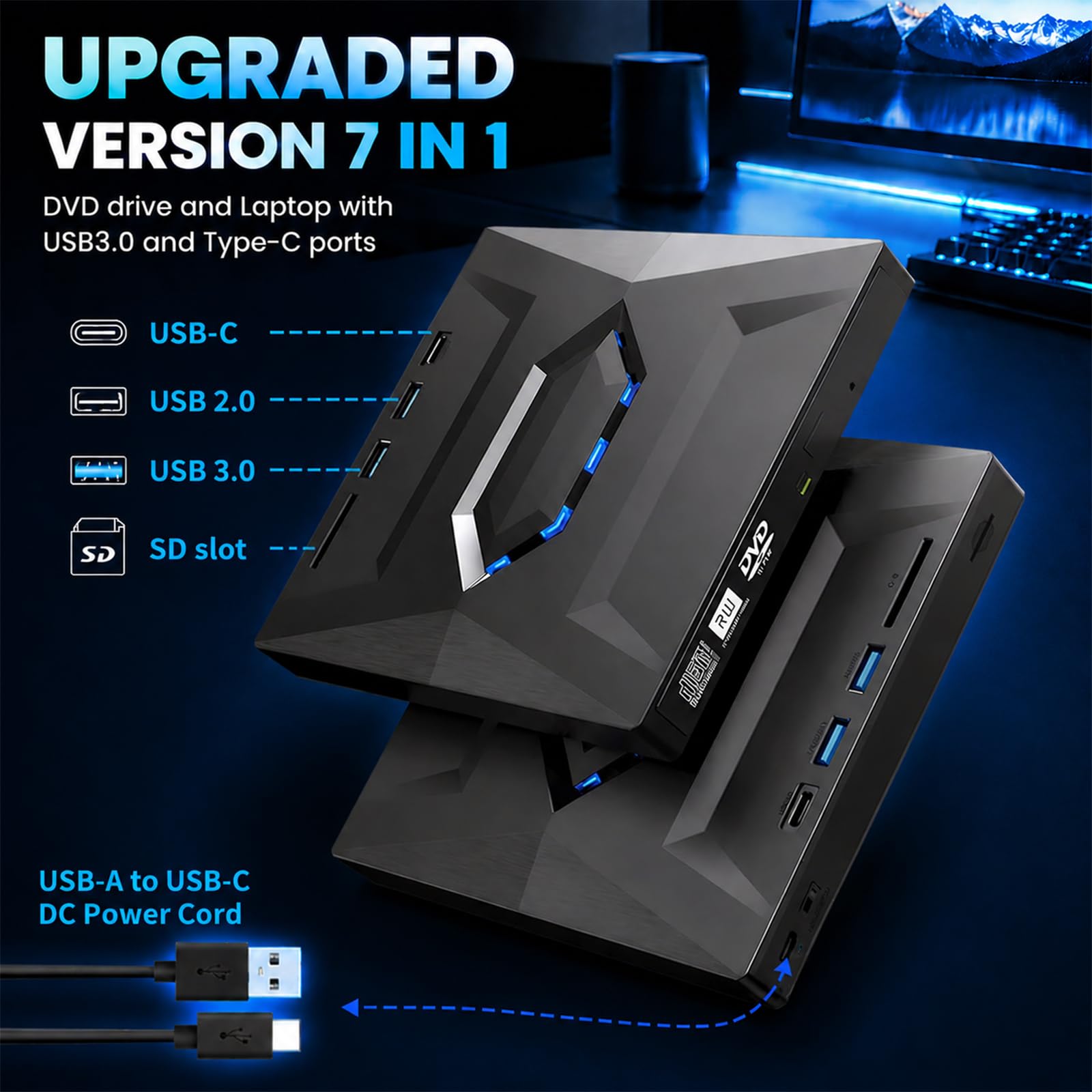 Lecteur Blu-ray externe 7 en 1 USB 3.0 Type-C, prend en charge 100 G BD DVD CD lecteur Blu-ray externe, lecteur Blu-ray portable ultra fin avec port TF/SD