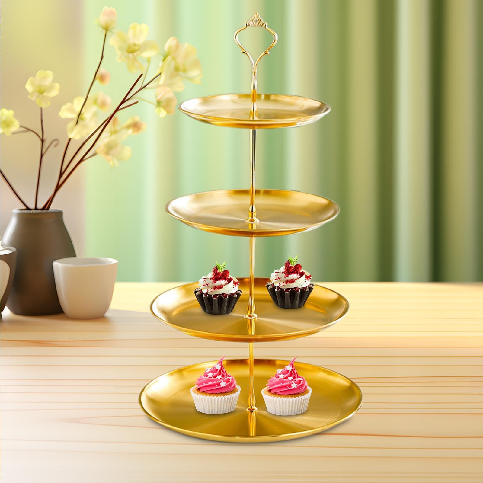 Soporte para Postres Placa para Frutas Expositor para Cupcakes Bandeja para Servir de Acero Inoxidable Atractivo Adecuado para Shower Aniversario, 4 Niveles, Individual