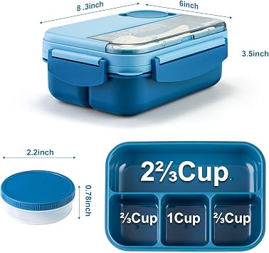 JIUFOXINO Box Lunch Box,1300ml Bento Lunch Box for Adults and Kids, Lunch Container with 4 Compartments, 4-in-1 Meal Prep Container with Fork & Spoon, Microwave Dishwasher Safe Available (Blue)