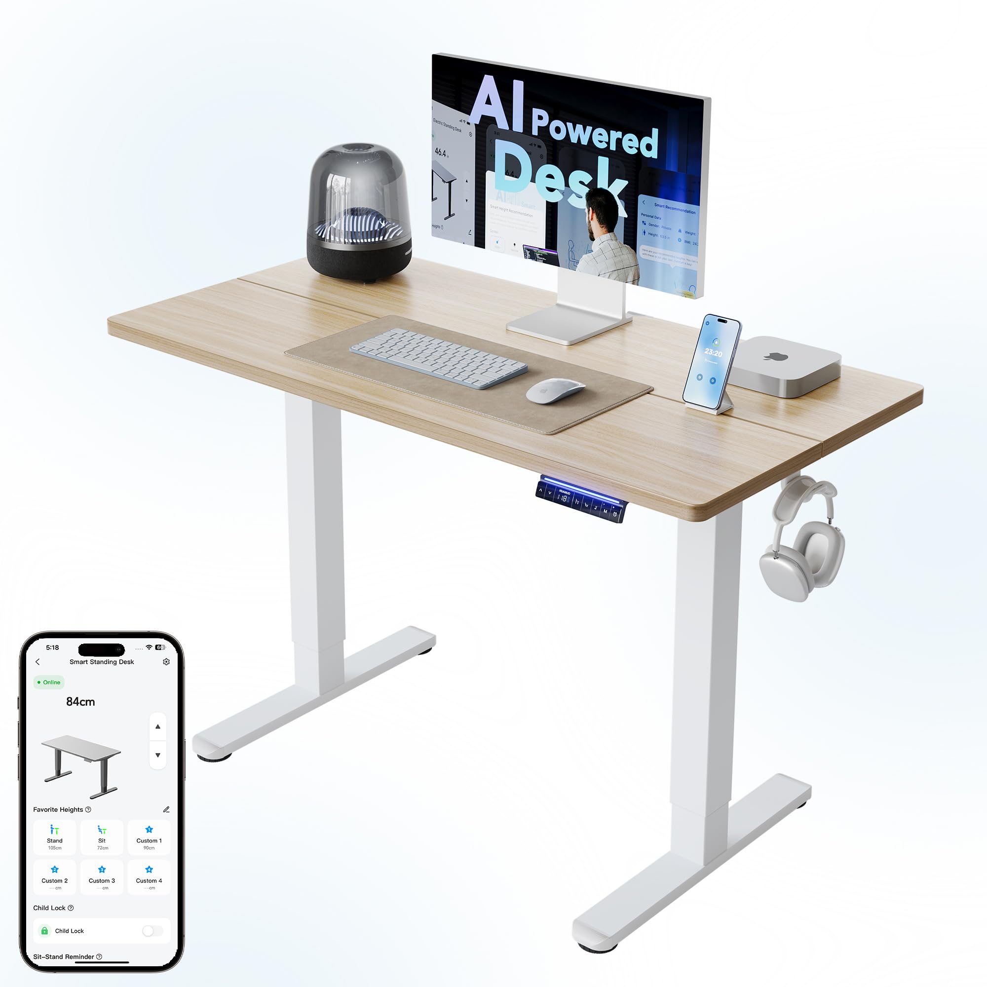 HUANUO Escritorio de pie eléctrico de 120 cm con aplicación inteligente, control por voz, WiFi, altura regulable con 6 memorias, recordatorio de asiento para postura y cuello, escritorio de pie, color