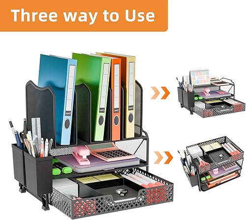 Miniatura 4 de Simple Trending Organizador de archivos de escritorio con cajón deslizante, bandeja doble de malla metálica y 5 clasificadores de secciones