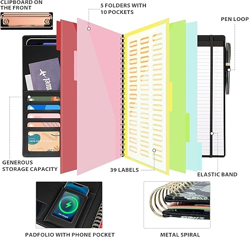 Vista 45 de Portapapeles con almacenamiento para hombres y mujeres, portafolio de cuero, 5 carpetas con 10 bolsillos, portapapeles en espiral con bloc de notas