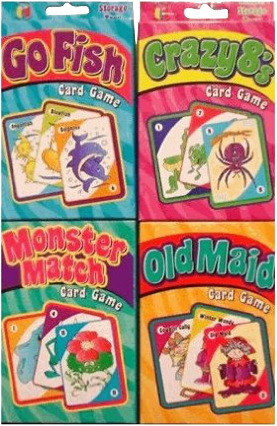 Childrens Card Games: Old Maid, Go Fish, Crazy 8S & Monster Match (4 Decks)