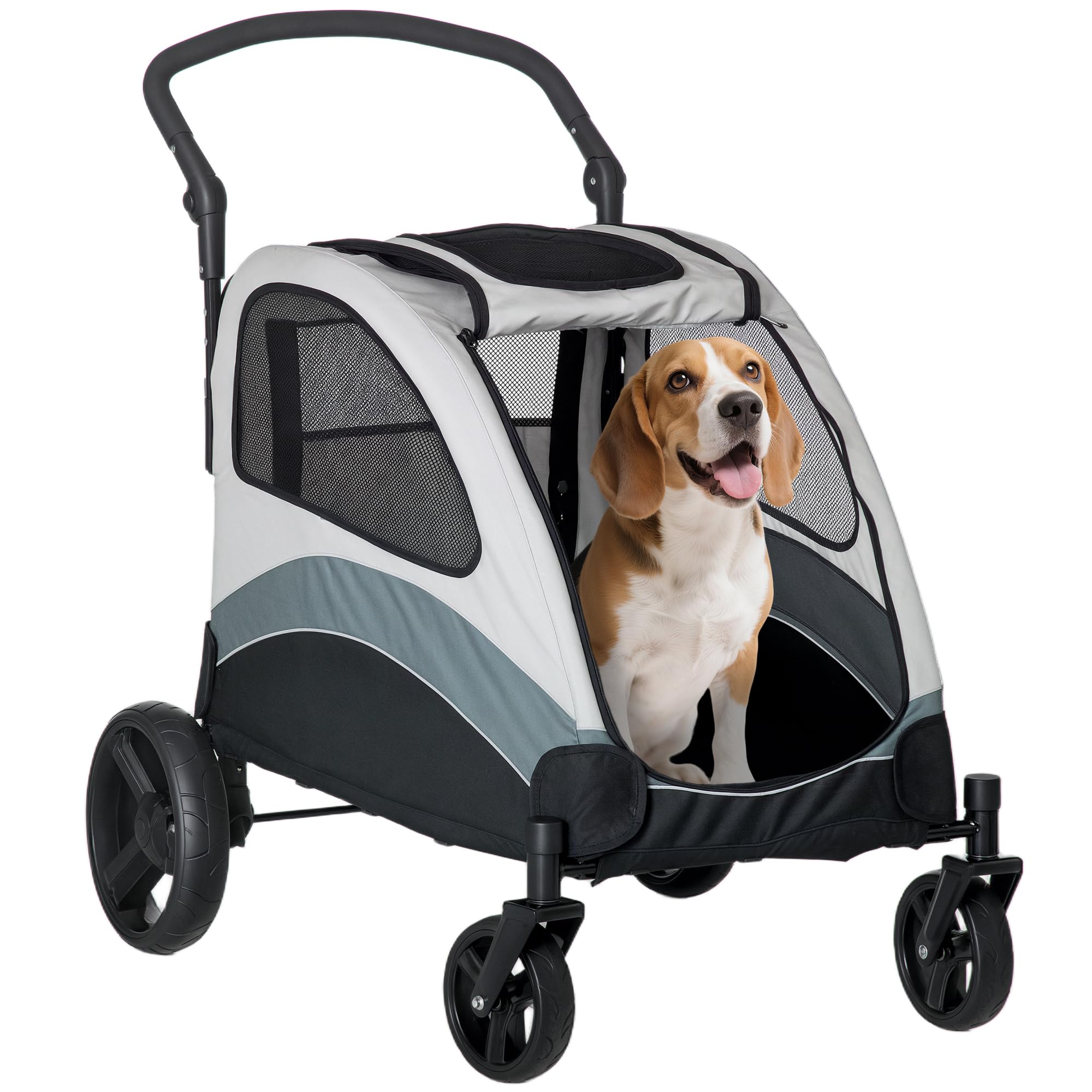 PawHut Cochecito para Perros Plegable Carrito para Mascotas Carrito para Perros con Ventanas Bolsillo de Almacenaje Correas de Seguridad y 2 Ruedas Universales Carga 330 kg 107x67x102 cm Gris