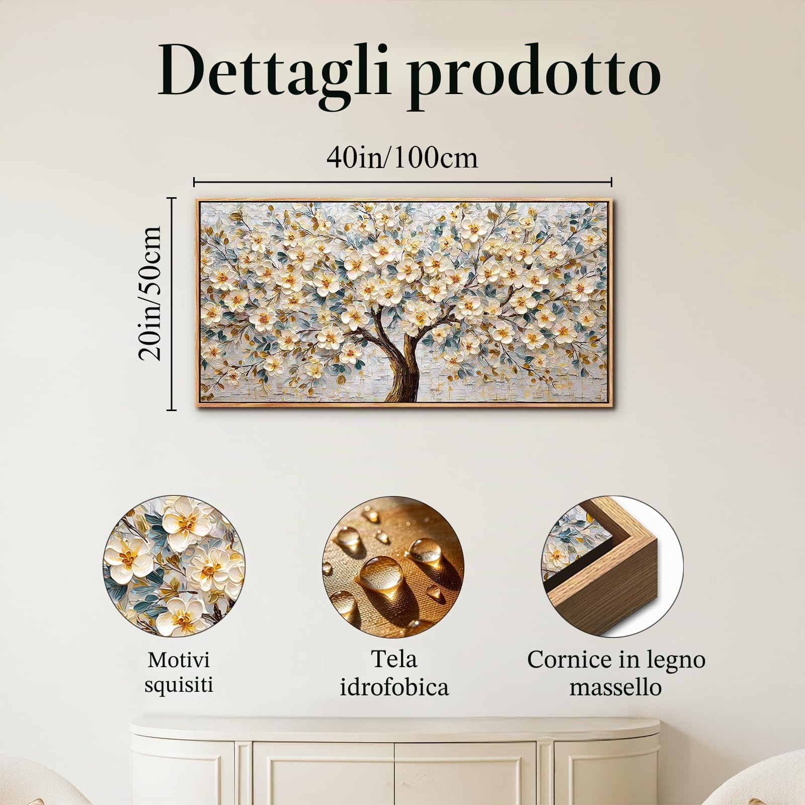 SERIMINO Quadro Moderno Albero Della Vita Fiori con Cornice 50x100 cm | Fiori Bianchi Oro, Stampa HD, Tela Pregiata, Telaio Legno Massello, Install Facile, Regalo Decorativo