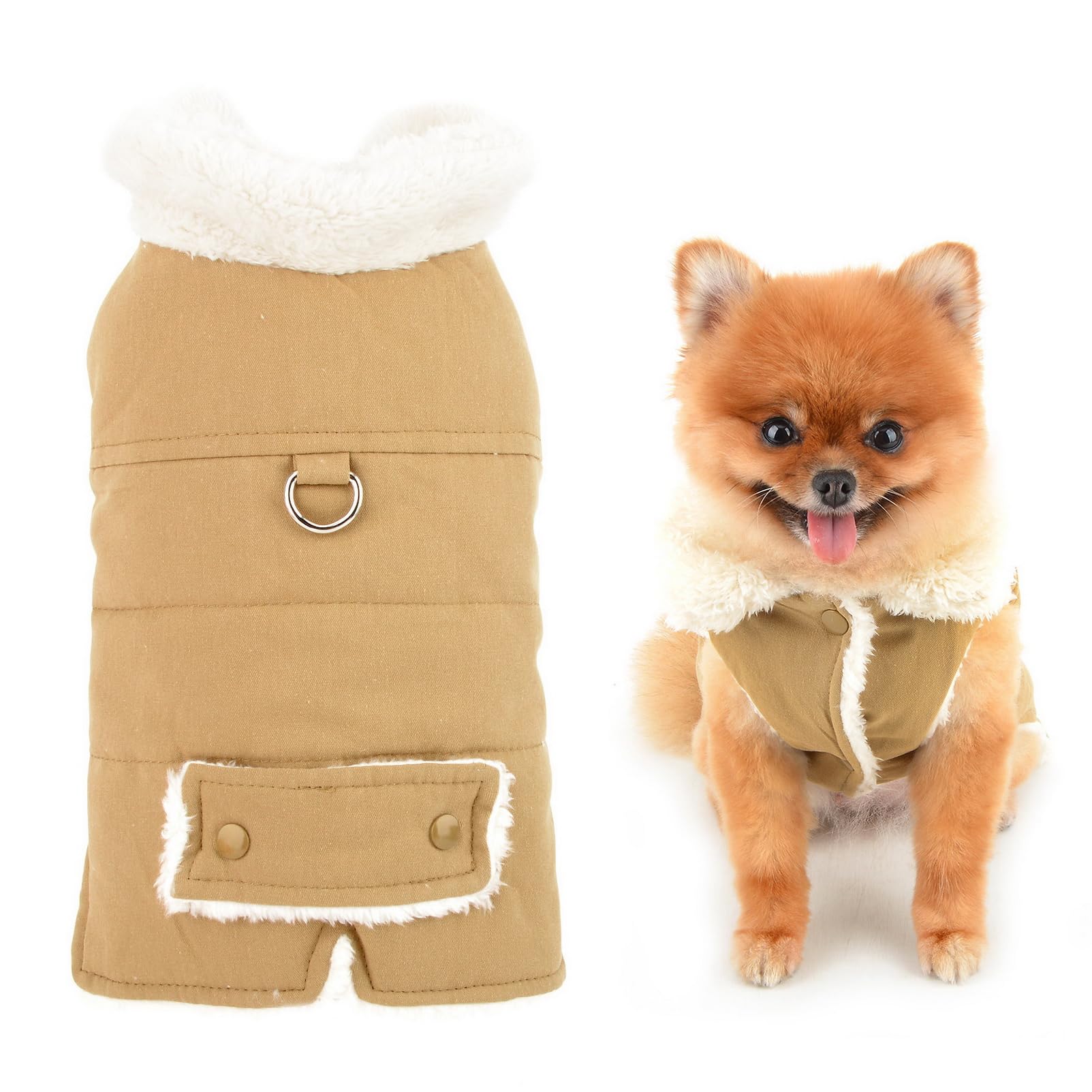 SMALLLEE_LUCKY_STORE Fleece Lined Dog Trench Coat for Small Dog Solid Pet Jacket Vest with D-ring Puppy Padded Cold Weather Clothes Insulated Chihuahua Yorkie Outdoor Clothes, Khaki, XS