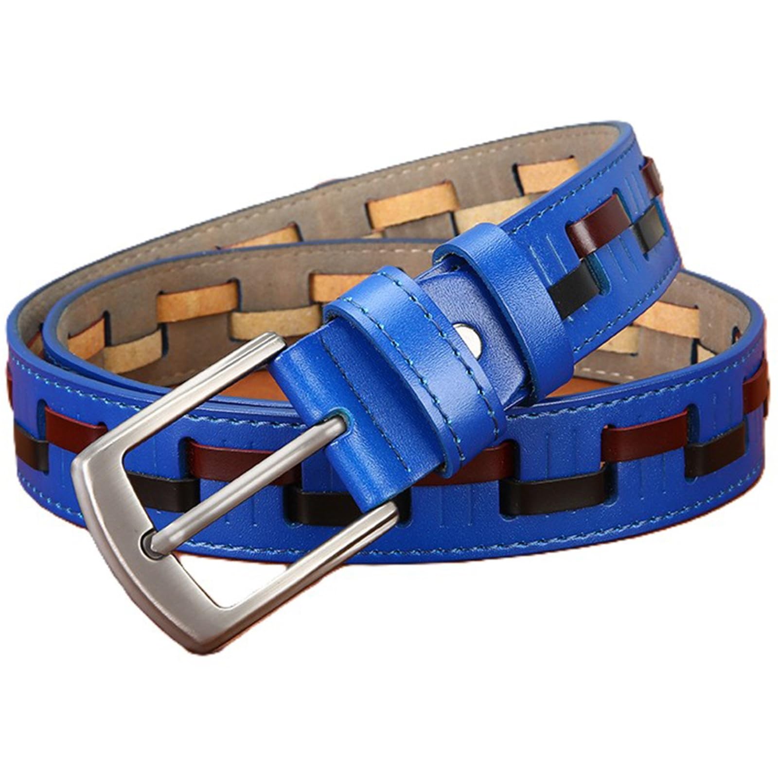 AGUTALITHIC Men Women Braided Stitched Leather Belt-Multicolored Splicing Woven Strap for Golf Work Casual Jeans Pants Shorts(130cm/51, Blue)