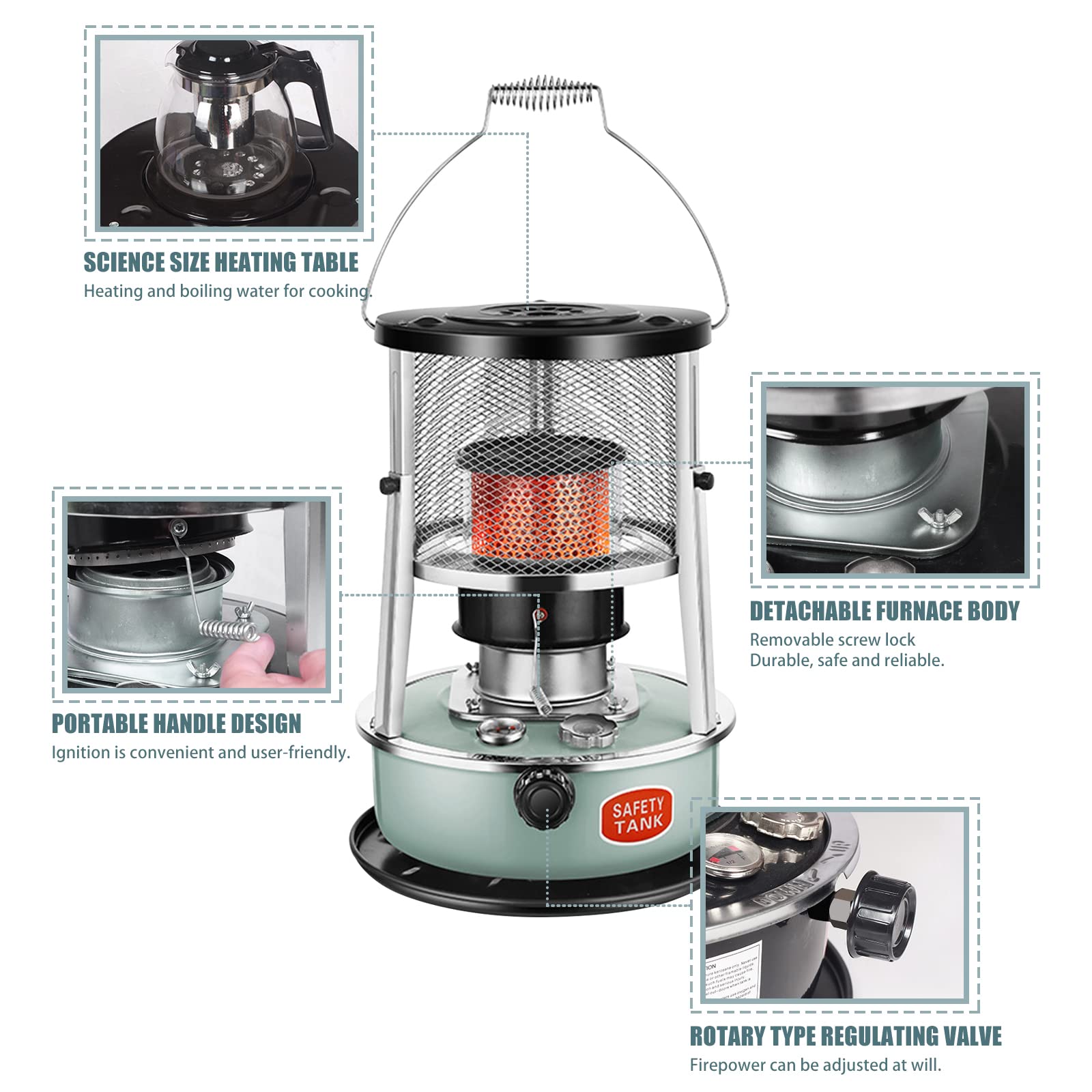 Petroleum Heater Indoor Petroleum Stove, Petroleum Heater, Without Electric, Indoor Petroleum Heater, with Tea Kettle, Emergency Heating, Tent, Fishing, Patio Heater, Energy Class A