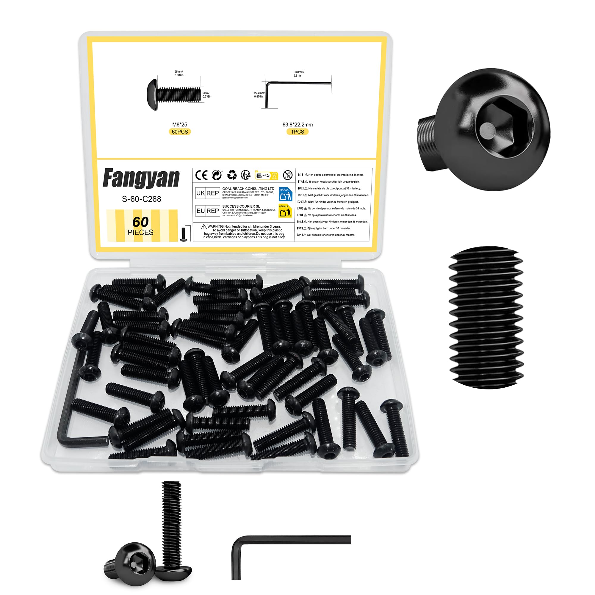 Fangyan 60PCS M6 x 25mm Button Head Hex Socket Screws, Black Oxide Alloy Steel Allen Bolts with Hex Wrench, Full Thread Metric Machine Screws for Furniture, Machinery, DIY Projects