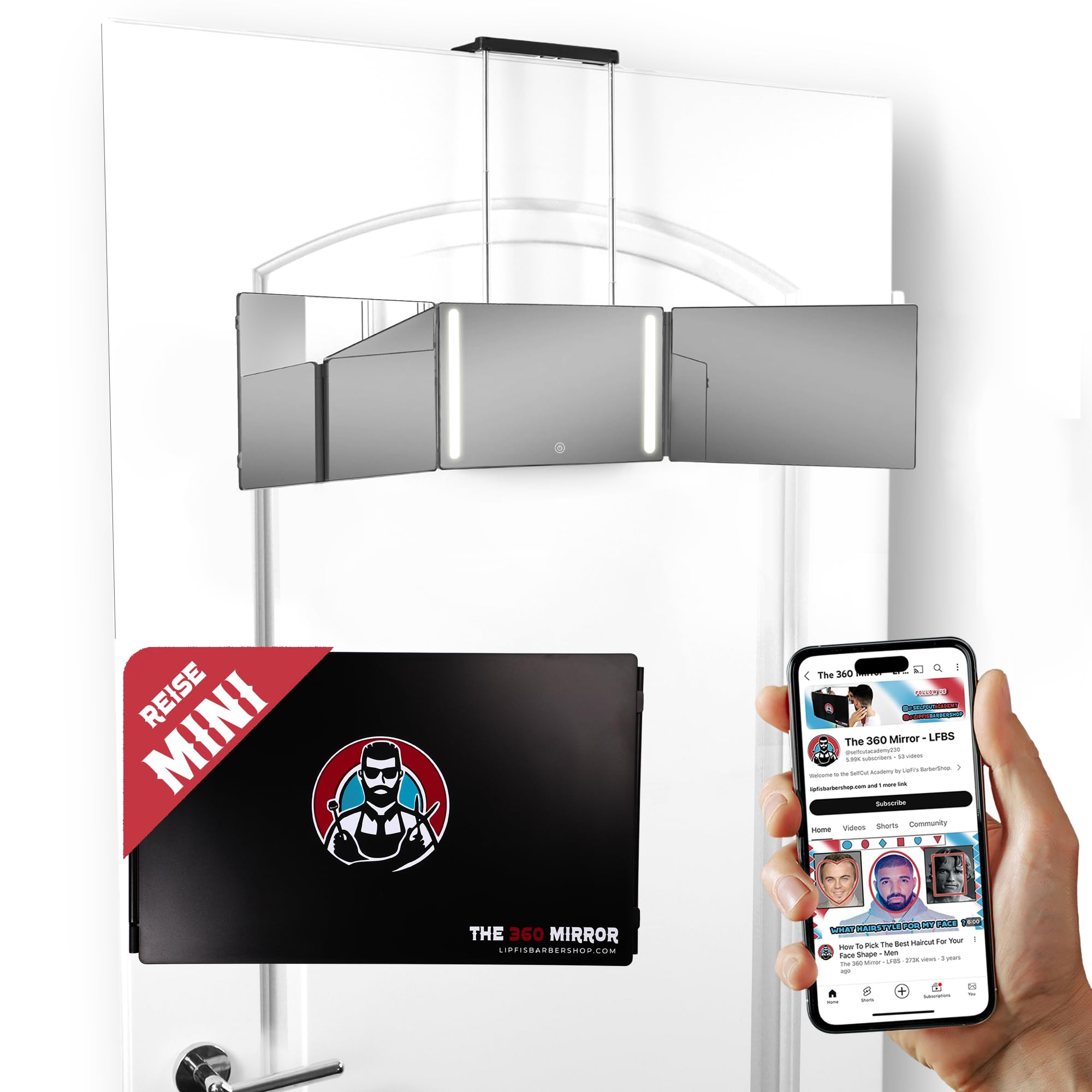 LIPFISBARBERSHOP.COM Portabler Mini 360 Grad-LED-Spiegel - Verstellbare Haken - Selbsthaarschnitt-Spiegel - Kompakter 3-Fach-Spiegel für präzises Haareschneiden - Selbsthaarschnitt-Spiegell