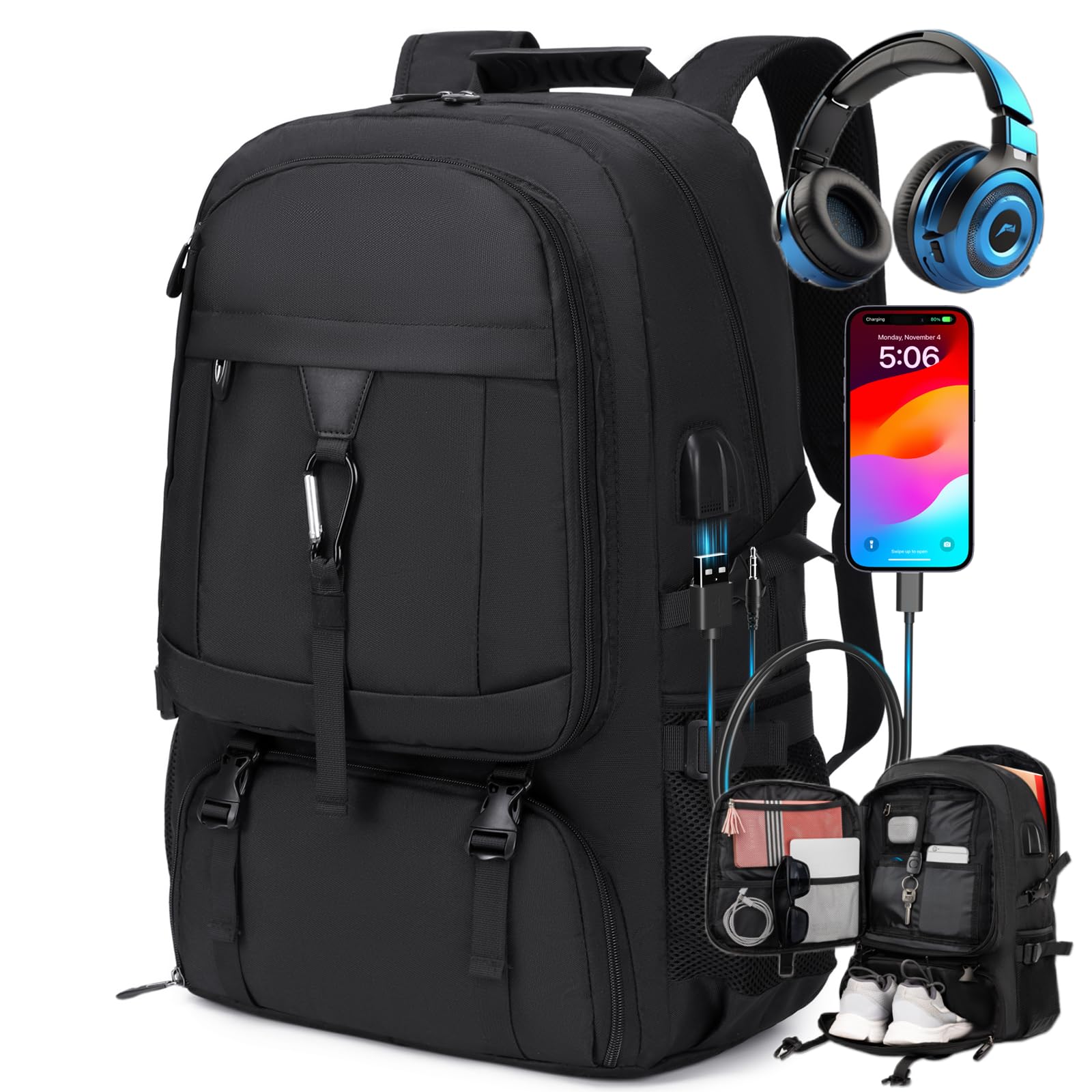 Banlole 17.3 Inch gym backpack with shoe compartment,50L Multiple Compartments Backpacks, Airline Approved Carry on Travel Daypack Anti Theft with USB