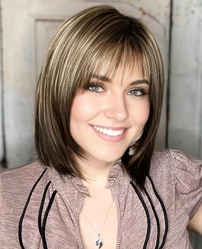 RENERSHOW Brown Highlight Short Pixie Bob Wig with Bangs Layered