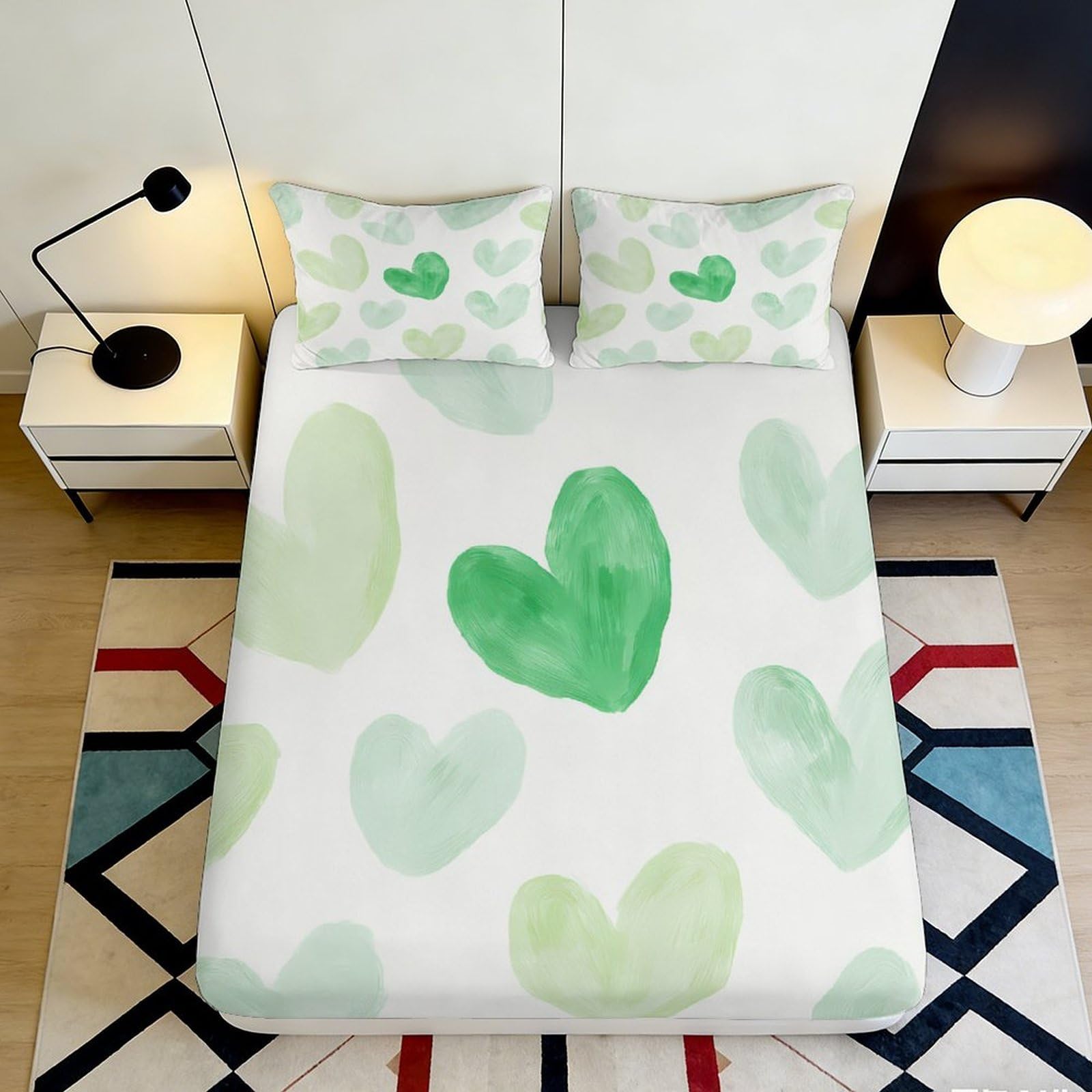 3D Printed Green Heart Fitted Sheet Microfiber Elastic Hem Deep Pocket Green Heart Mattress Fitted Cover Washable for Bedroom 180x200x25cm