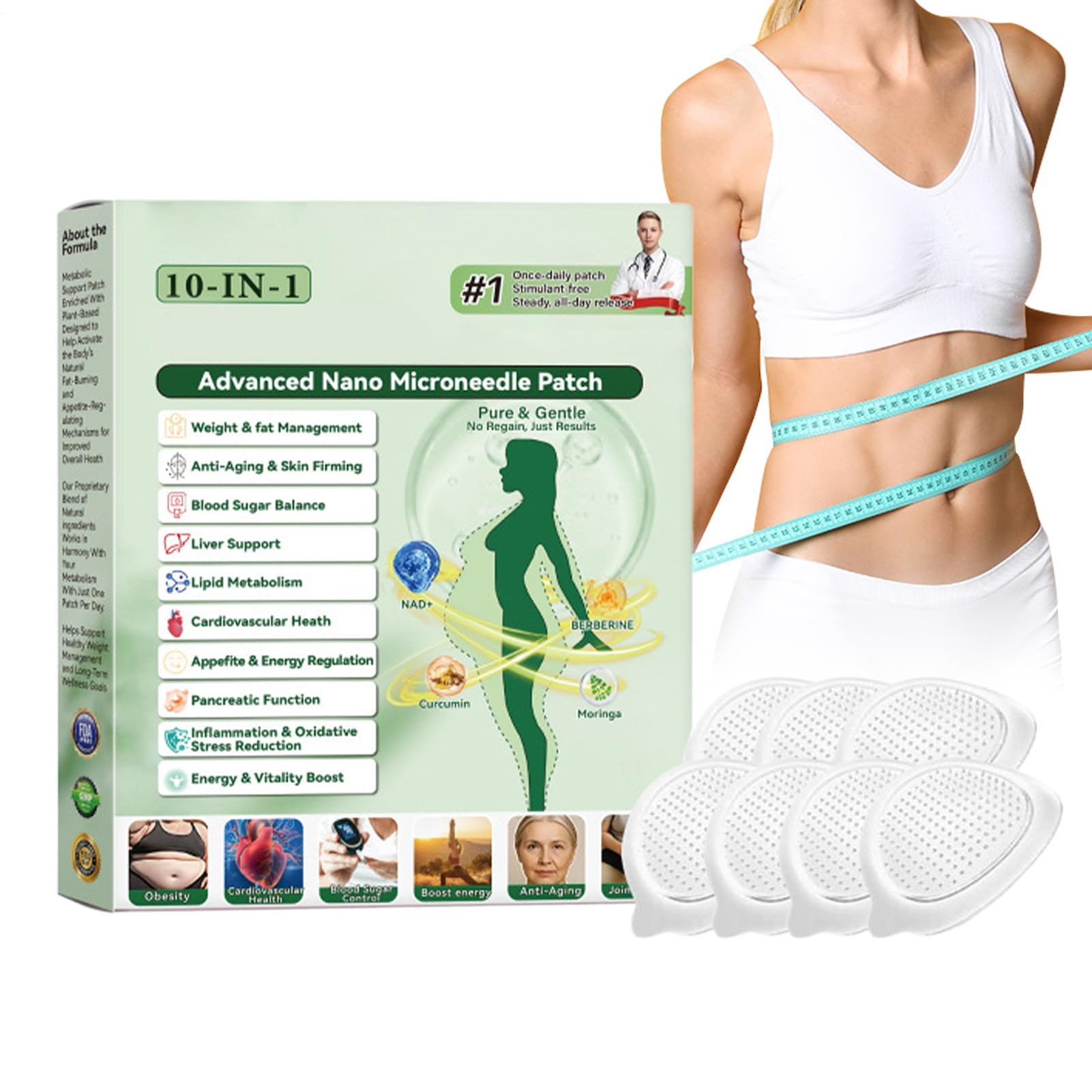 Healrize Moringa Berberinex Nad+ 10 w 1 nano-igłowe plastry odchudzające, naturalne nano-igłowe plastry napinające, ujędrniające skórę, dla mężczyzn i kobiet