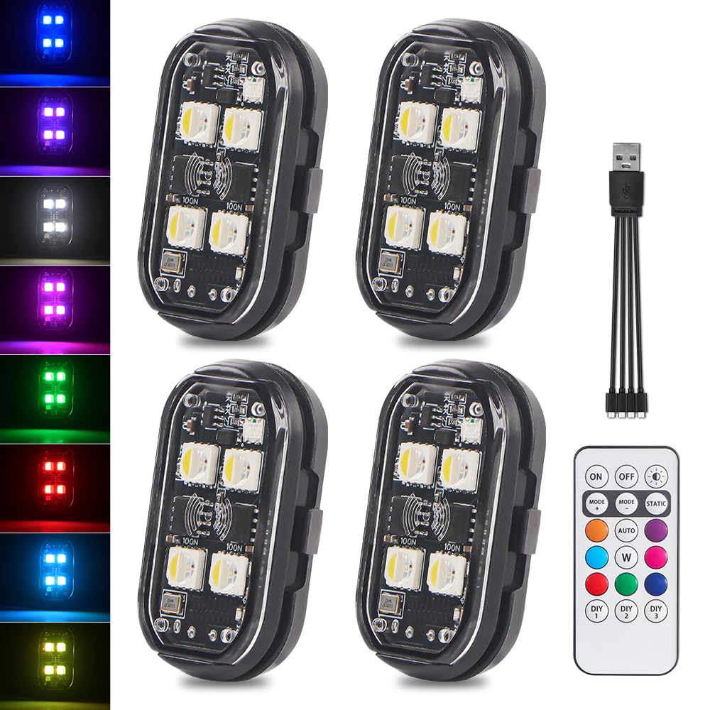 Luci Stroboscopiche Drone LED, KaiDengZhe 4 PZ 4 LED 8 Colori Impermeabili Luci Anticollisione Senza Fili con Telecomando Ricaricabili USB Strobe Drone Light per Auto Drone Moto Aeronavi Biciclette