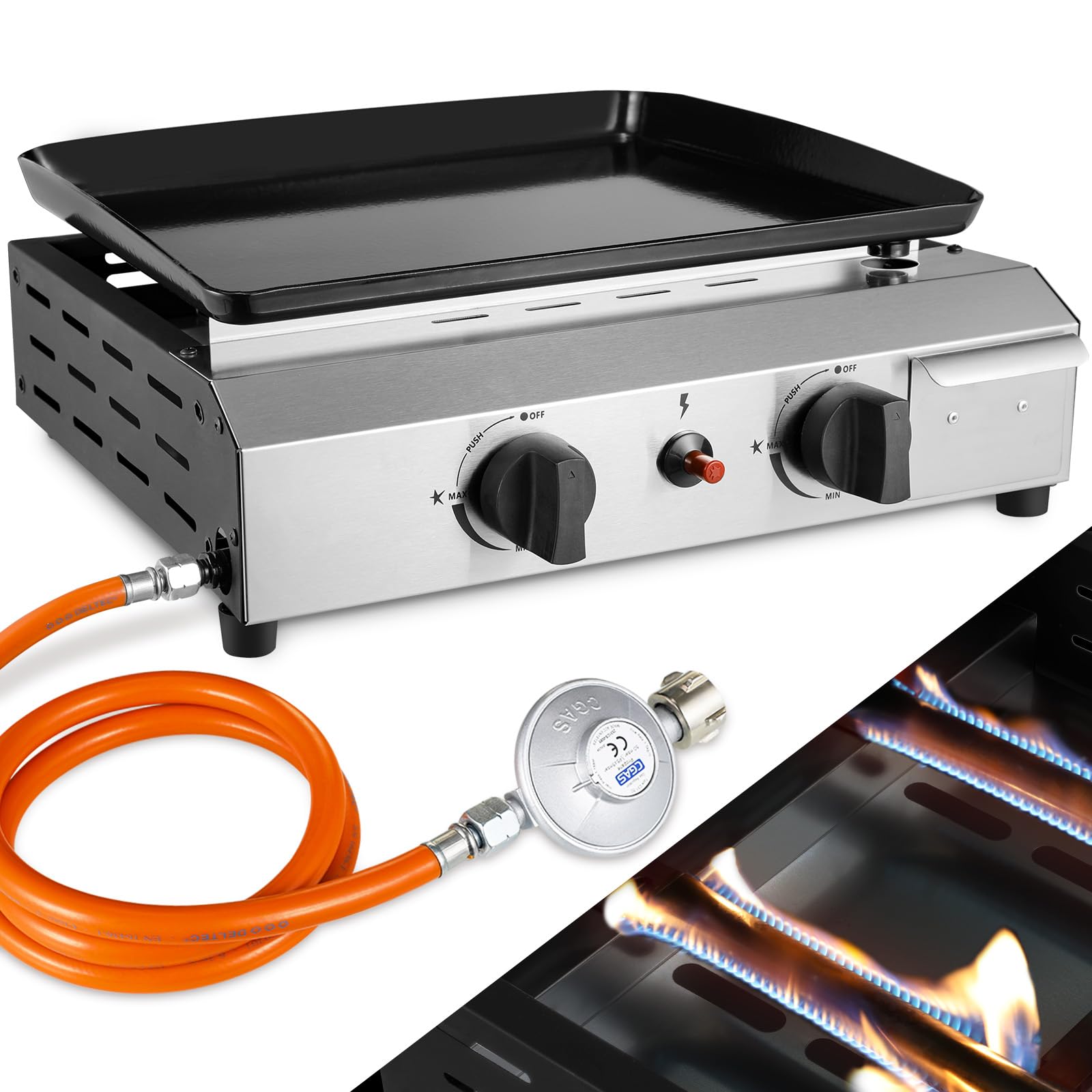 LIFERUN Gas Plancha Grillplatte,Kompakt Tischgasgrill 2 Brenner,Plancha Gasgrill Edelstahl 4,8KW(16500 BTU),Keramische Lackbeschichtung Grillfläche,Camping Tischgrill Gas Garten,Terrasse(Butan/Propan)