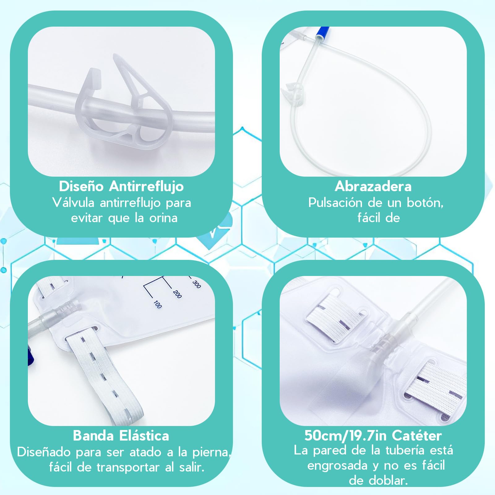 5 Bolsas de Orina de 750 ml para Las Piernas, Bolsa Sonda Vesical Pierna con 2Cintas de Tela, Tubo de 60 cm de Longitud y Válvula Antirreflujo, Bolsa de Urinario Catéter Pierna