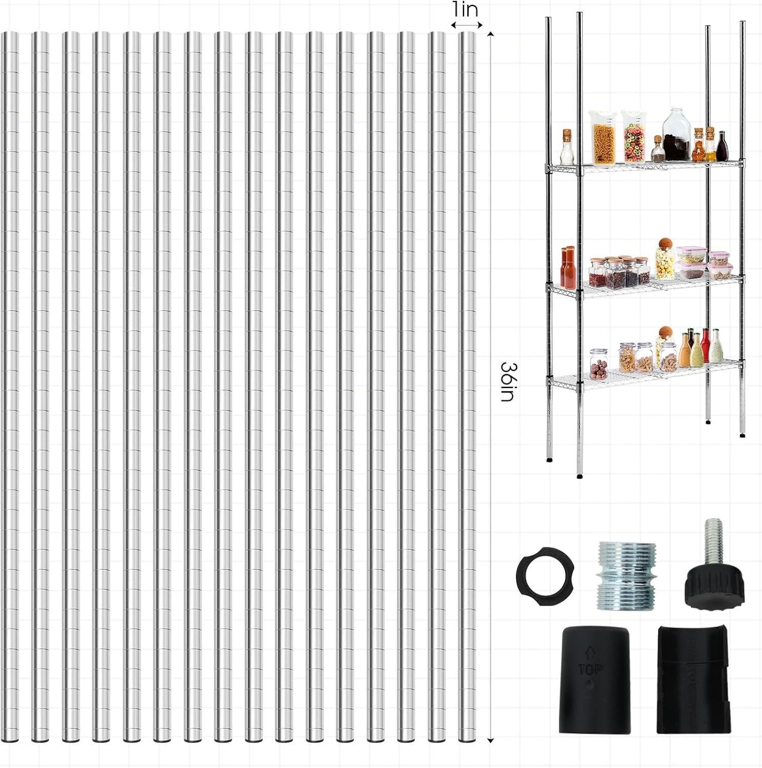 Thyle Chrome Wire Shelving Posts Commercial Heavy Duty Poles Wire Shelf Parts with 50 Pcs Clips for 1" Post Rack Accessories, Black(Set of 8, 74 Inch)