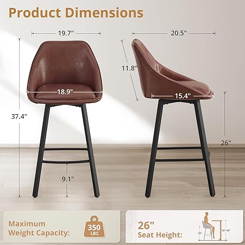 Miniatura 2 de Juego de 3 taburetes de bar giratorios de 26 pulgadas, modernos taburetes de bar de altura de mostrador con respaldo y patas de metal, sillas de bar