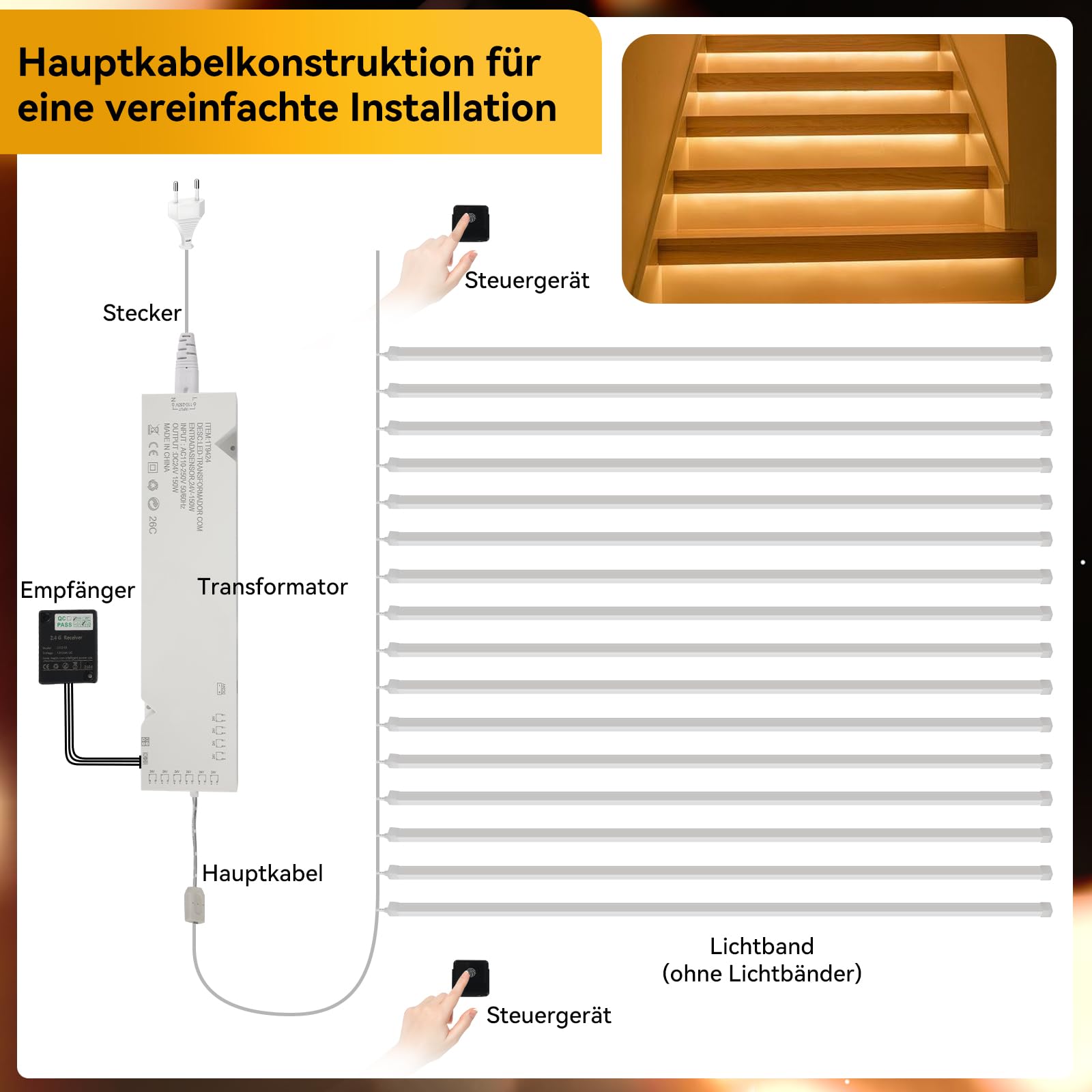 LED Treppenstufenbeleuchtung mit 2 Funkfernschalter, 16 Stufen 80cm Silikon-Profil Lichtstreifen 3000K Warmweiß Dimmbar Treppenlicht Komplettset für Innentreppen