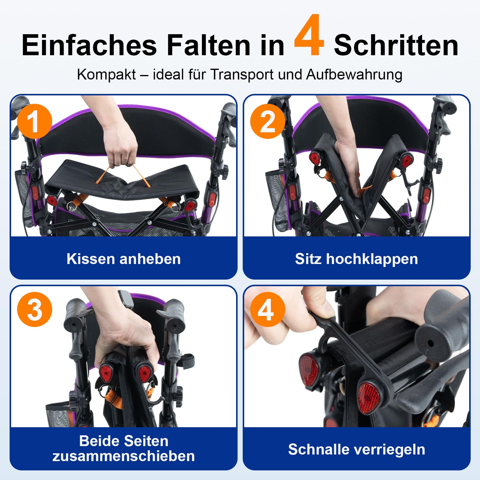 Andadores para personas mayores, andador con asiento, capacidad de carga de 159 kg, asiento grande (46 cm), ruedas de 20 cm, 6 niveles de ajuste de altura, andador con marco de aluminio ligero para