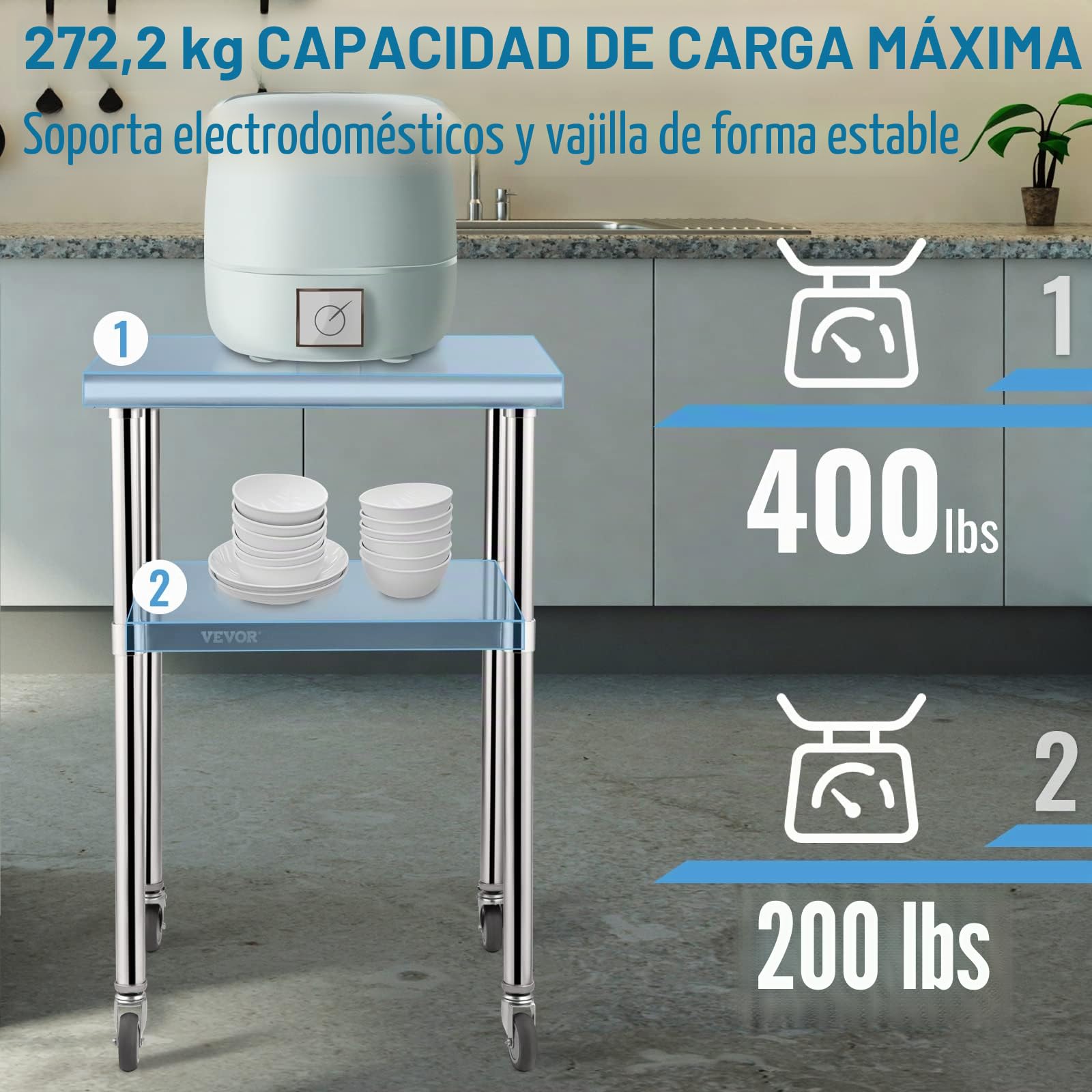 VEVOR Mesa de Trabajo de Acero Inoxidable 61x61x91,4 cm Mesa de Preparación de 2 Niveles Carga de 272,4 kg Mesa de Cocina con 4 Ruedas Estante Ajustable en Altura para Cocina Restaurante Bar Garaje