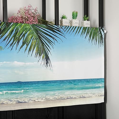 Miniatura 8 de Vandarllin Cortinas de cocina con diseño de palmeras y océano, cenefas para ventanas, con bolsillo para cortinero, cortinas cortas para cocina, sala
