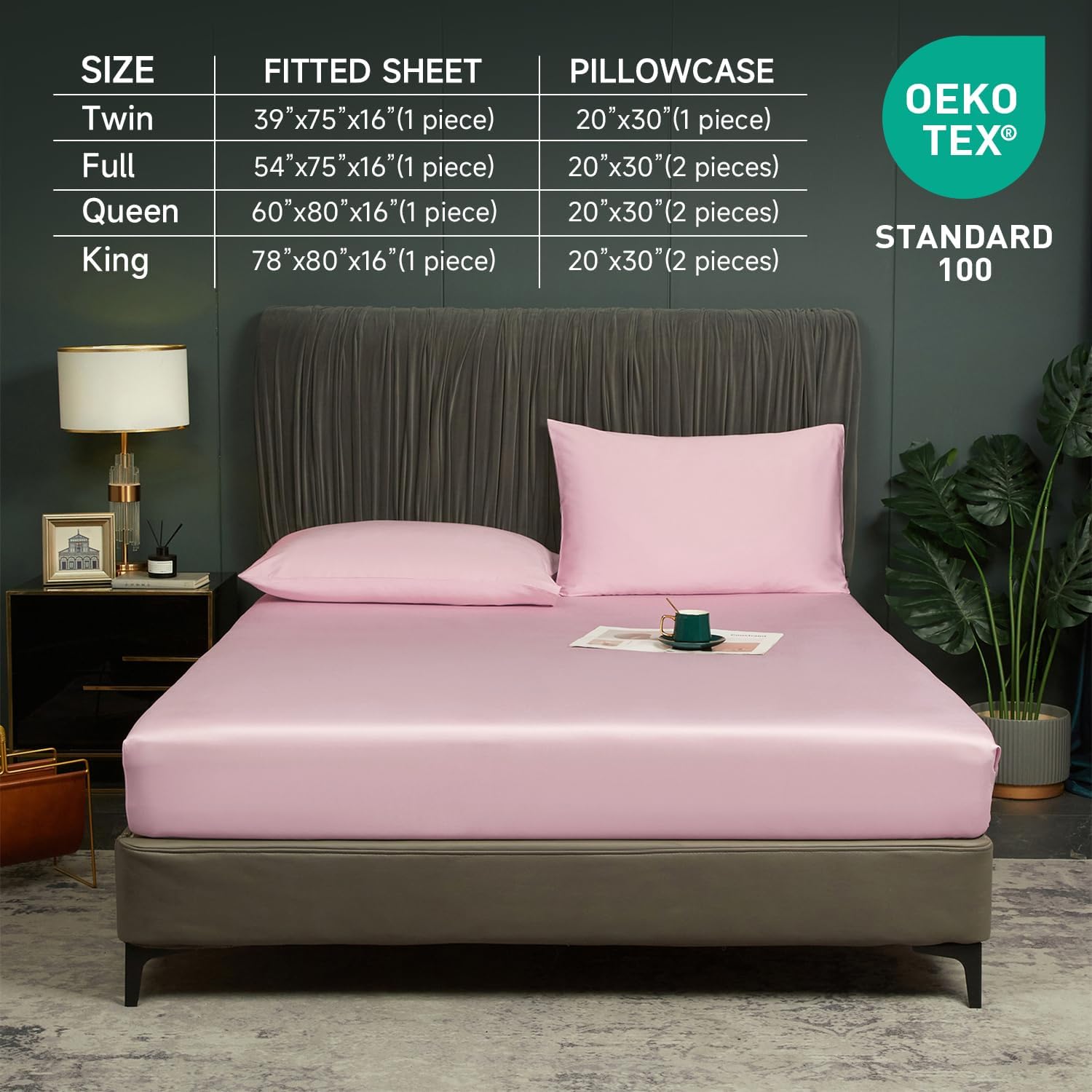 2 Pcs Cooling Fitted Sheet Twin Blush Pink, 100% Viscose Derived from Bamboo Bed Bottom Fitted Sheet Set with Elastic Deep Pocket, Summer Soft Breathable Silky Smooth Mattress Protector Cover