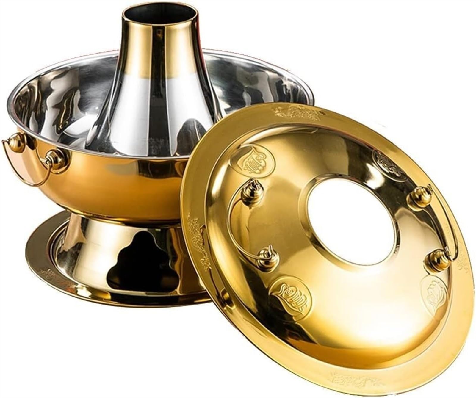 Pentola per Stufato Pentola per Stufato Old Beijing Pentola per Stufato in Acciaio Inossidabile Pentola per Stufato in Legno E Carbone Pentola per Stufato Shabu Shabu per(Oro-30Cm)