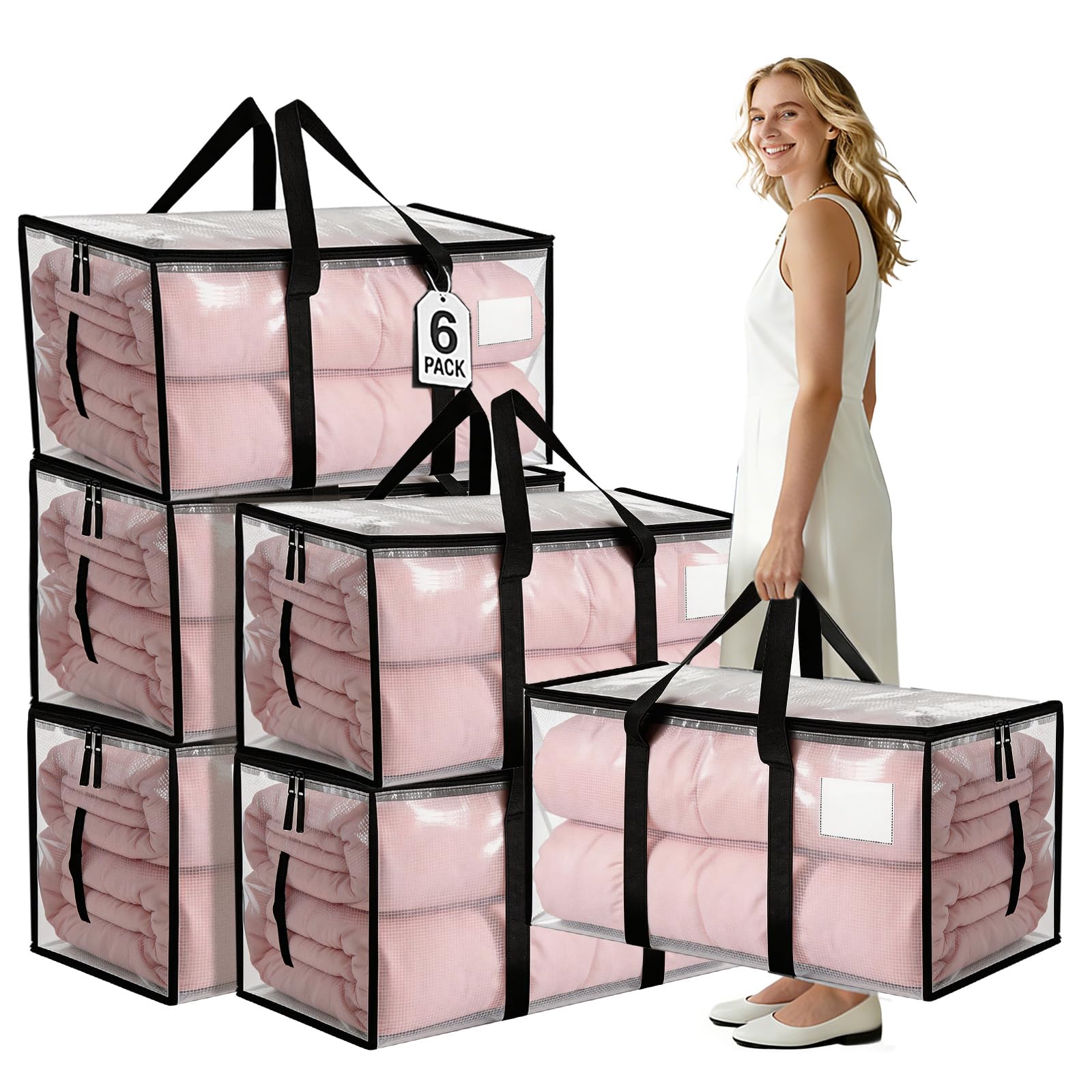 NCEDNㅤ Large Moving Boxes and Storage Bags - 6 Pack 92L Heavy Duty Extra Large Moving Bags with Reinforced Bottom, Dual Zips & Clear Window for Decoration, Bedding & Clothes Storage, Clear