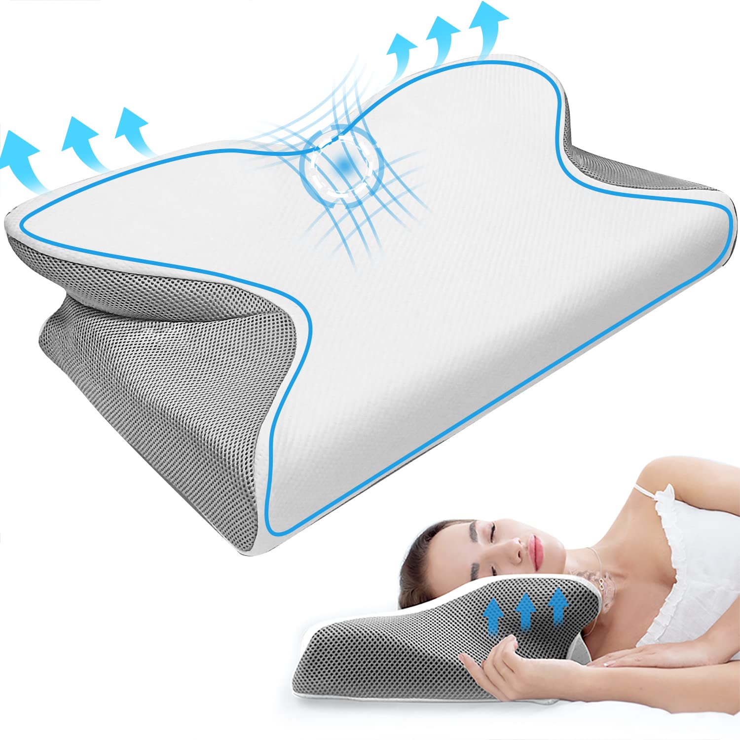 Gluckluz Memory Foam Pillow Cervical Bed Pillow Orthopedic Ergonomic Contour Pillow with Breathable Cover for Neck Shoulder Pain Relief Side Back Stomach Sleepers Indoor Home Bedroom (White)