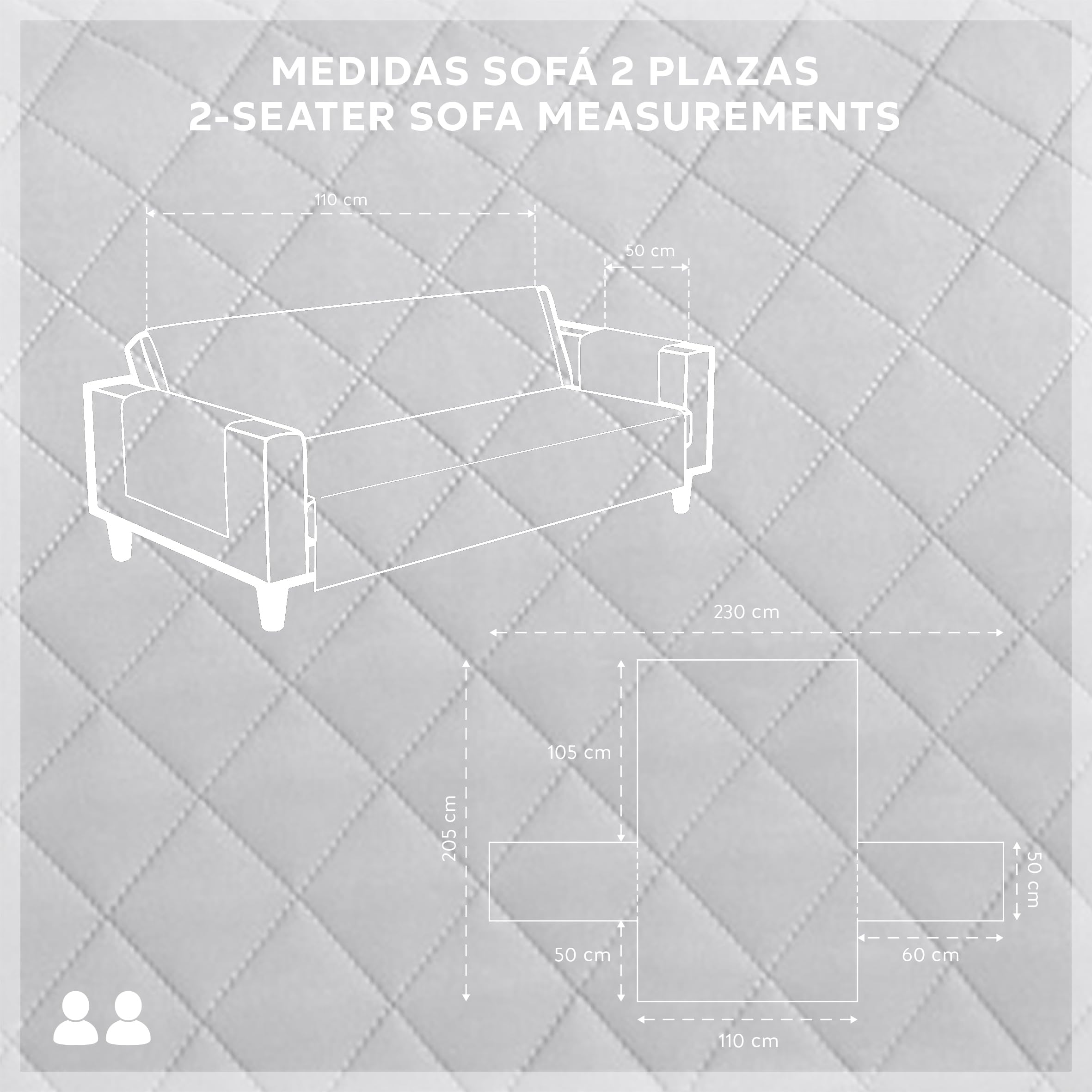 Textilhome Copridivano Malu 2 Posti (110cm) – Salvadivano Trapuntato Reversibile Universale, Protezione Antigraffio, Fodera Imbottita per Divano, Colore Grigio Chiaro