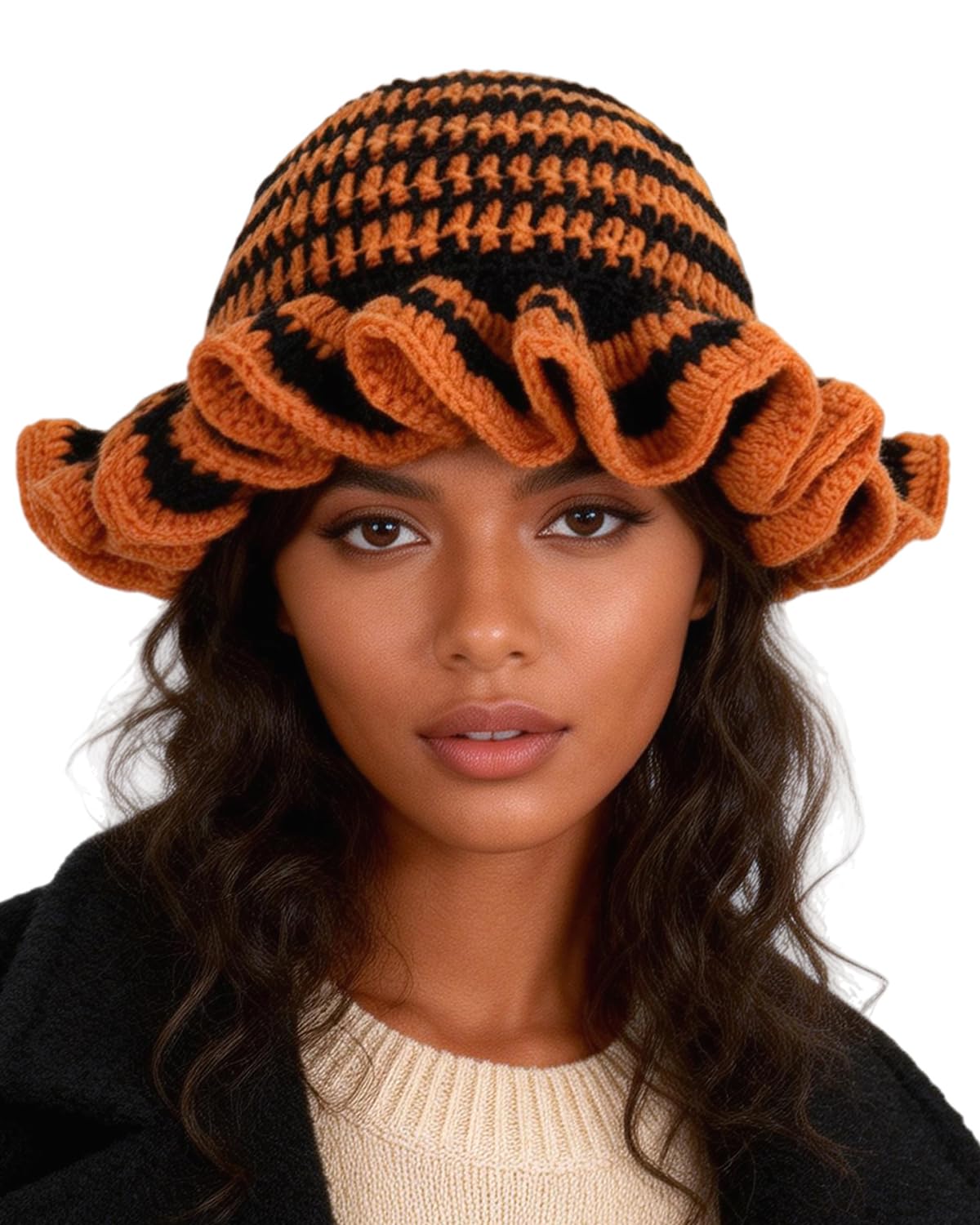Women Crochet Bucket Hat Cute Winter Ruffled Brim Floppy Cap Handmade Knit Cloche Hats
