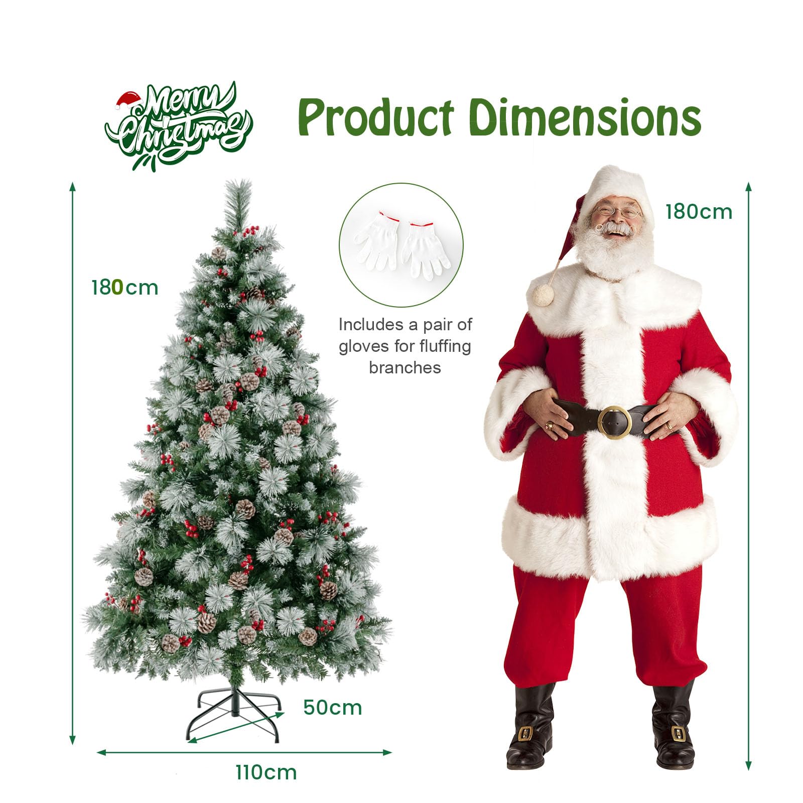 LIFEZEAL Sapin de Noël Artificiel de 180 cm/210 cm, recouvert de Neige, avec Pointes de Branches et Aiguilles de pin, Arbre Festif Lumineux avec Support, pour décoration de Noël (Vert+Blanc, 180cm)