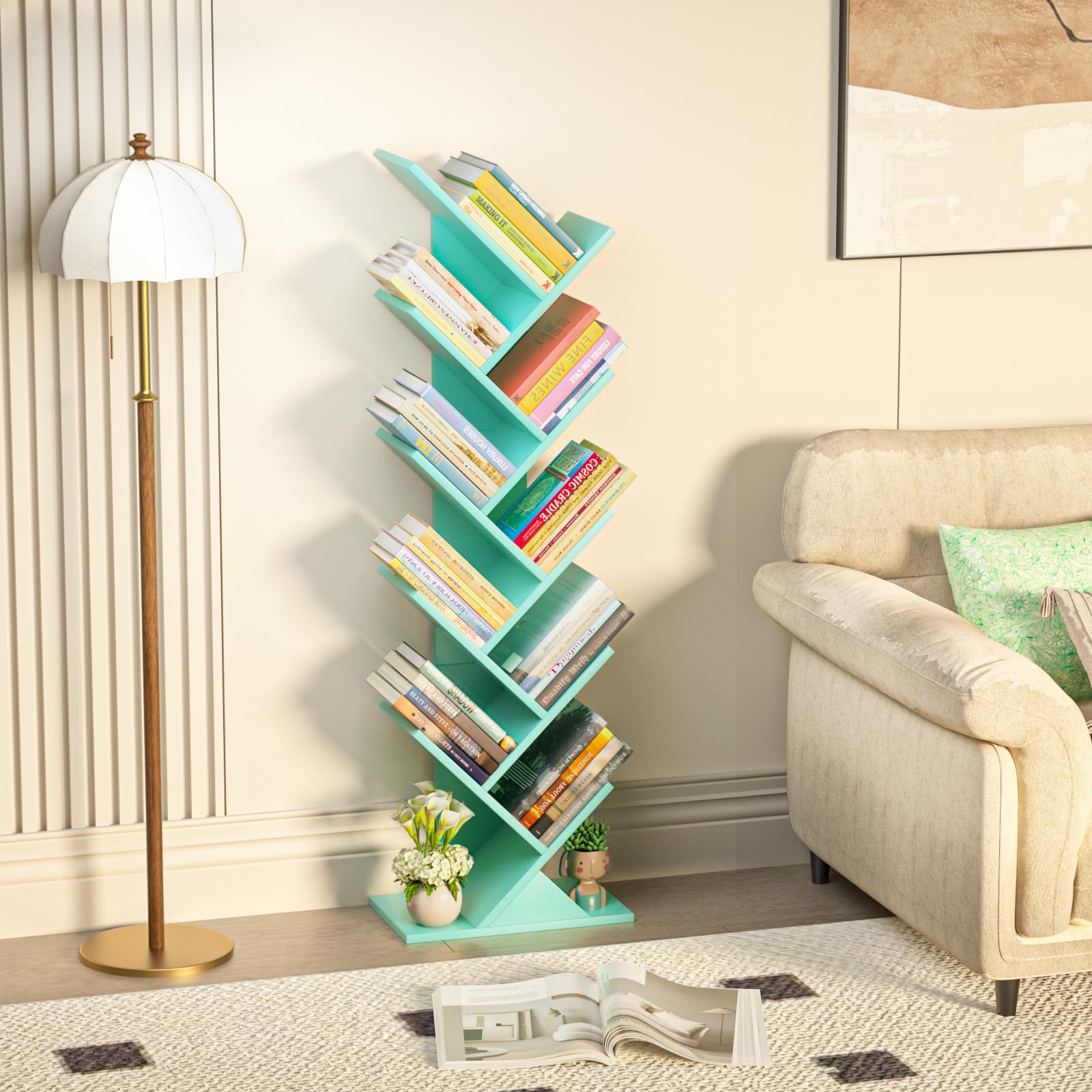 LELELINKY Bücherregal Baumform, Standregal 10 Ebenen für Bücher/CDs/Zeitschriften, DVD Bücherregal Holz, Bücher Regal für Wohnzimmer, Schlafzimmer und Heimbüro, Grün
