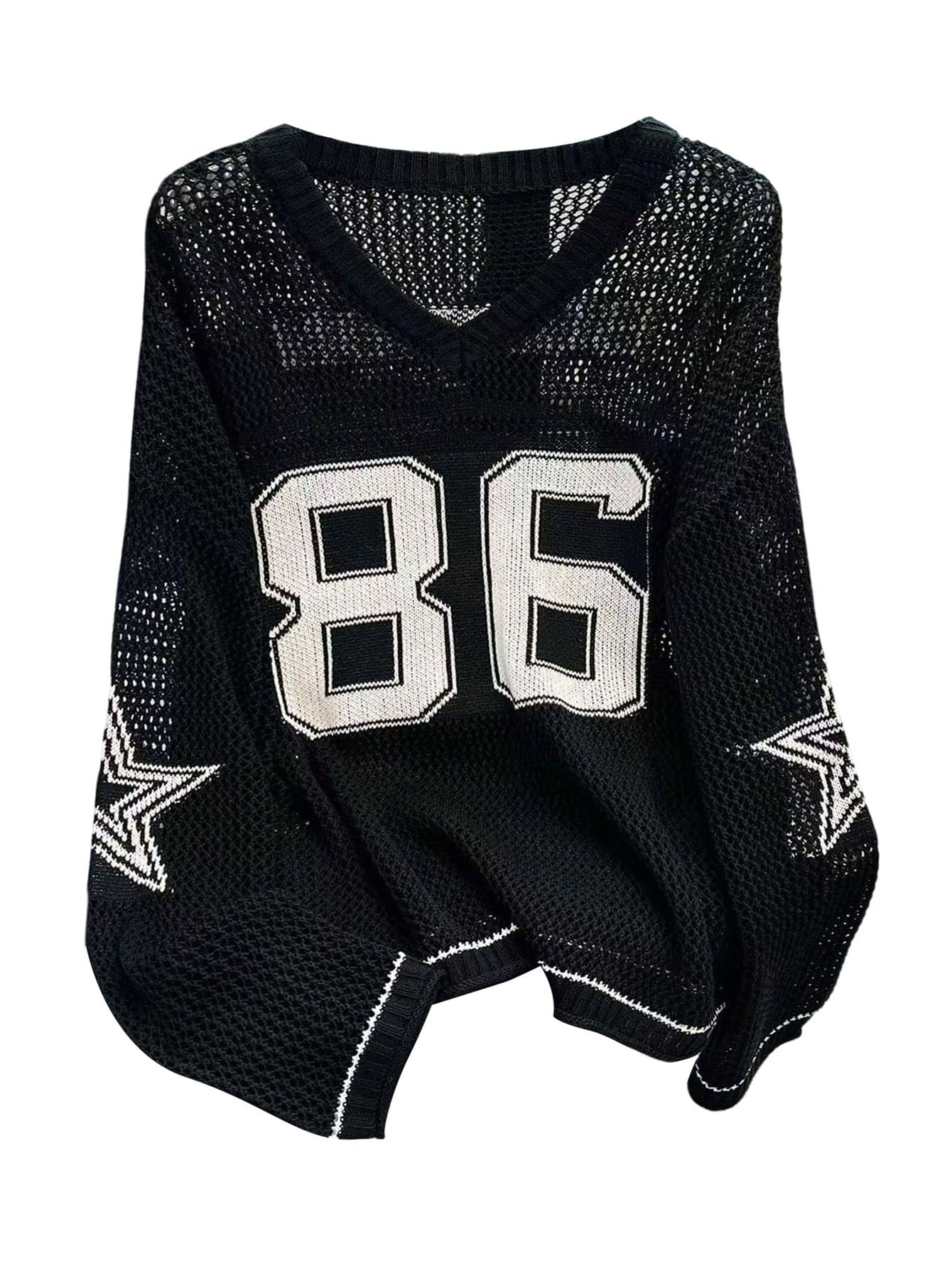 GORGLITTER Womens Oversized Jersey Sweater Tops Y2k Crochet Graphic Hollow Out Sweater V Neck Long Sleeve Knit Pullover