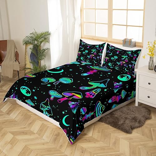 Miniatura 2 de Erosebridal Juego de ropa de cama de hongos arcoíris para niños, funda de edredón de luna y estrella de neón, funda de edredón verde azulado para