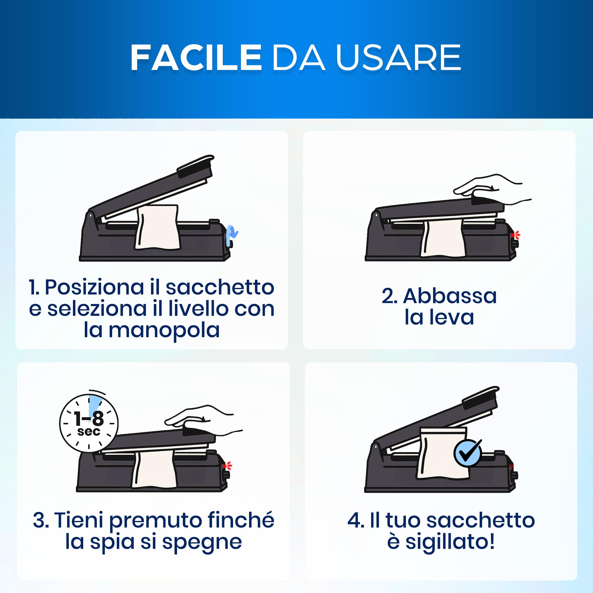 Sigillatrice Termica per Sacchetti - Macchina per Sigillare Sacchetti Alimentari, Imballaggio Termico, Portatile, Alta Produzione, Ampiezza 300 mm, Consumo Ridotto