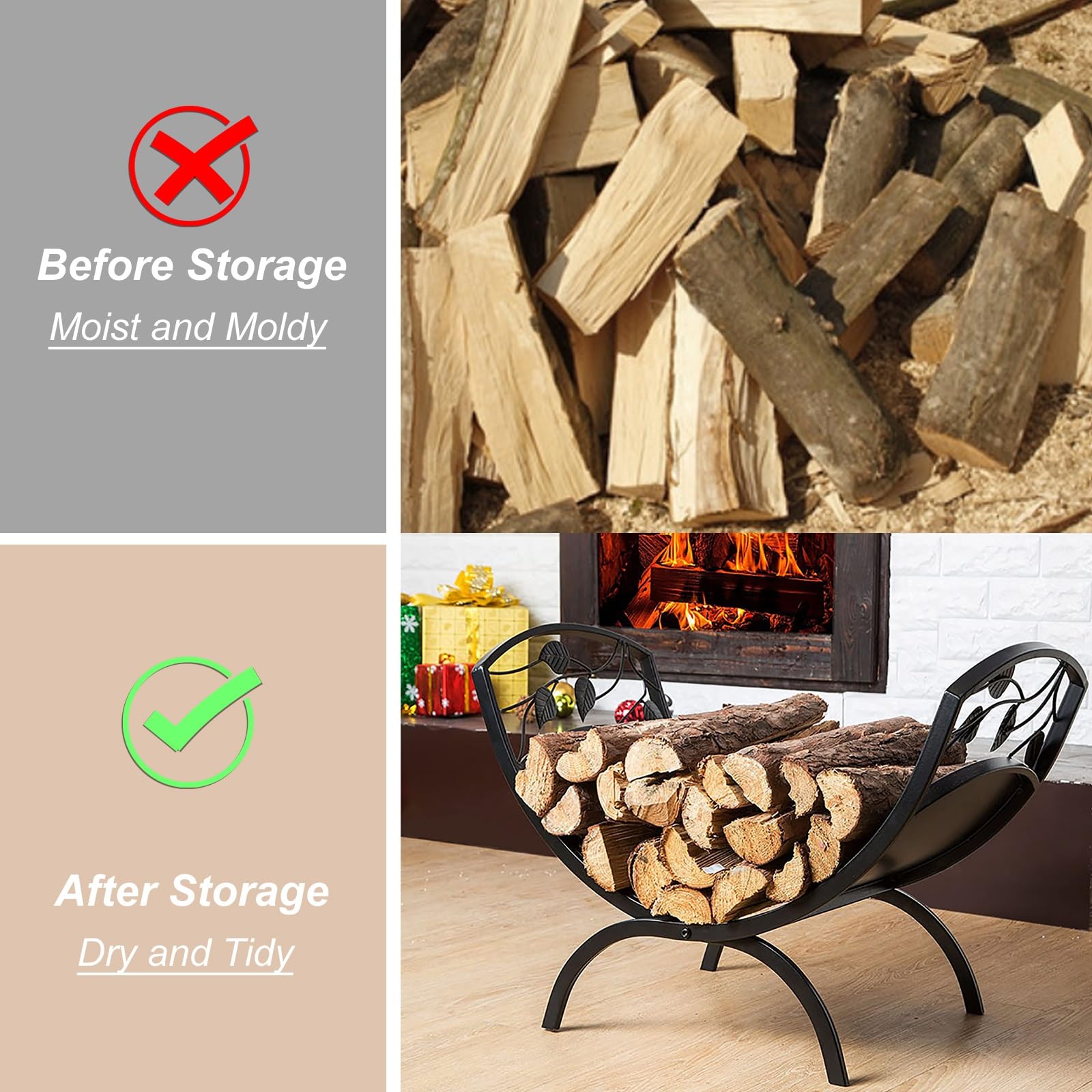 Brennholzregal für den Innenbereich mit Stapelhalter für die Holzlagerung, Kaminzubehör, kleine Brennholzträgerhalterungen aus Metall für den Außenbereich