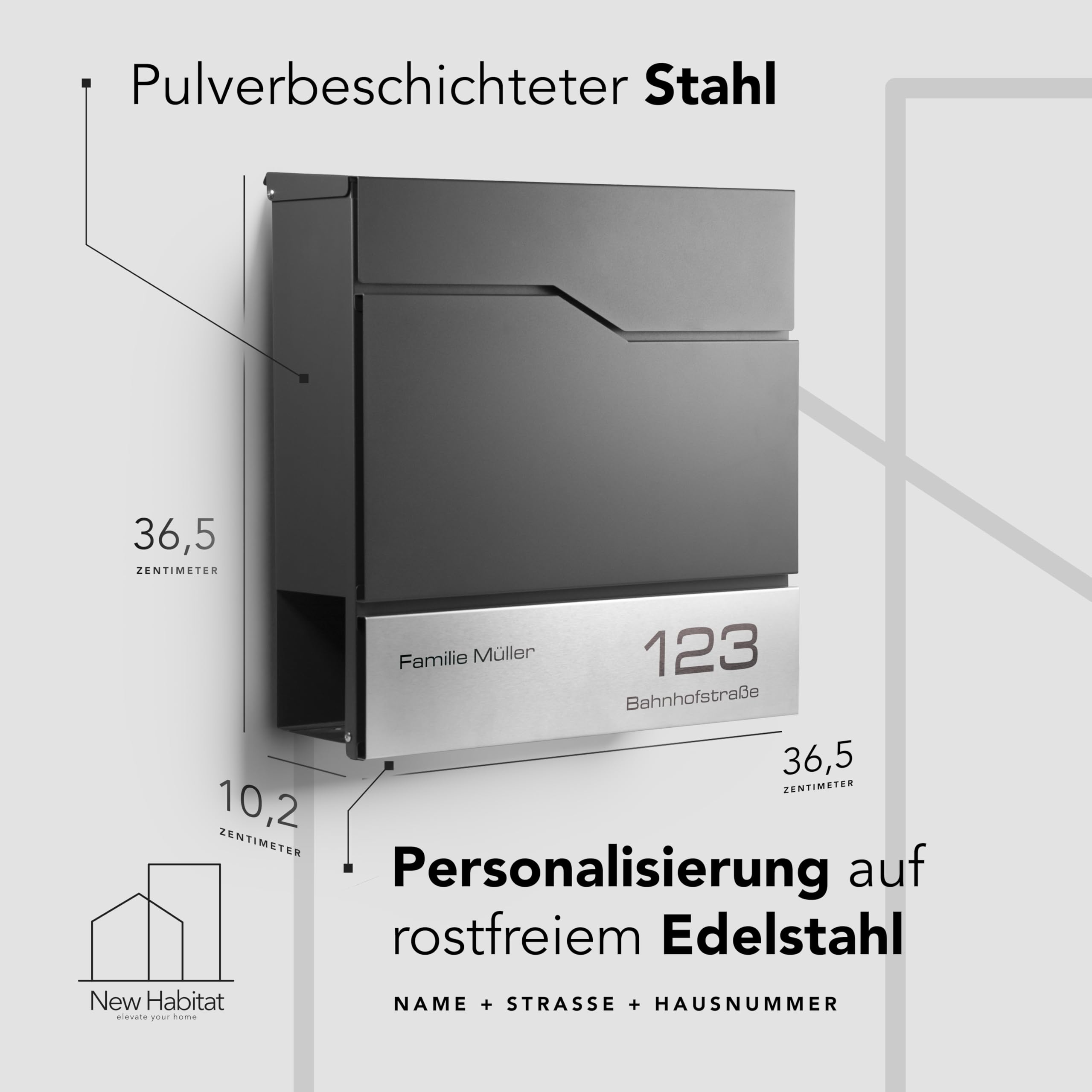 Moderner Briefkasten Personalisierbar Tokio Anthrazit RAL7016 - mit Zeitungsfach - Wandbriefkasten mit Edelstahl Namensschild und Hausnummer Gravur I Rostfrei und UV-beständig (Mit Gravur)