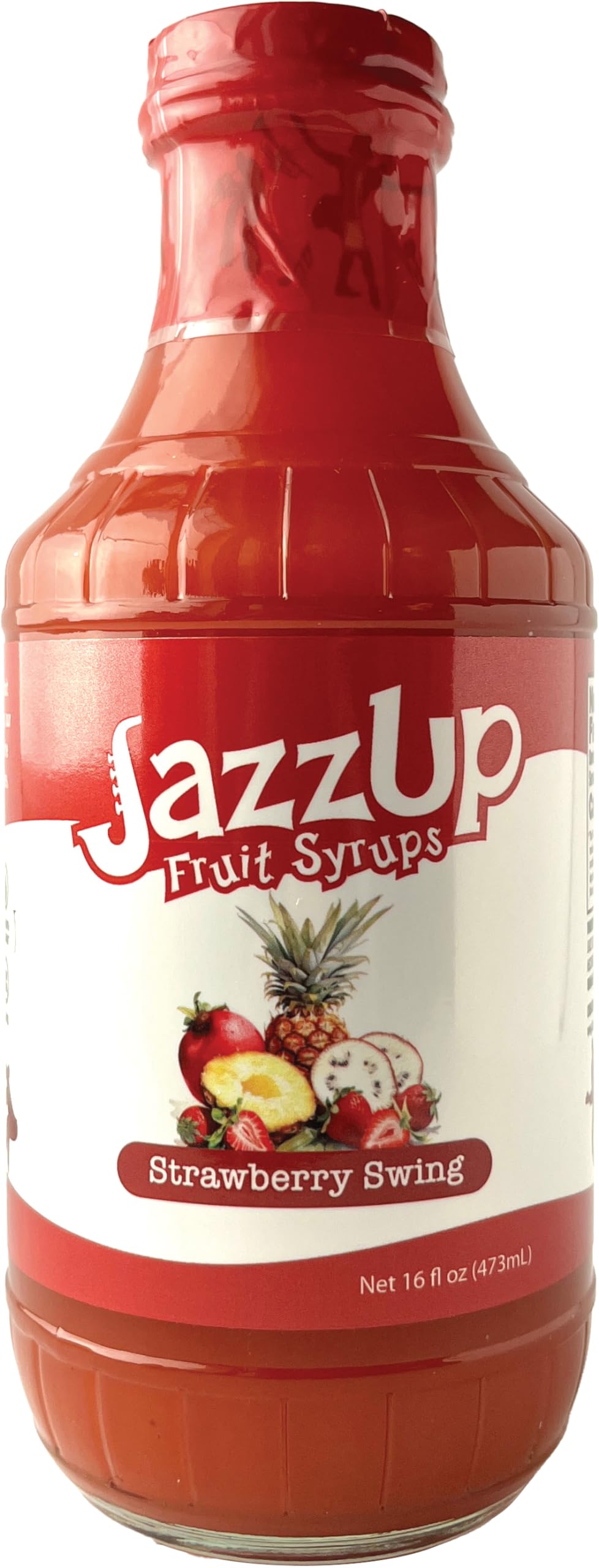 JazzUp® Strawberry Swing, Real Fruit Syrup, for Non-Alcoholic Drink Mixing, Pancakes and Desserts - 16 fl oz (Real Fruit: Strawberry Puree, Passionfruit, Pineapple Juice, Coconut Cream)