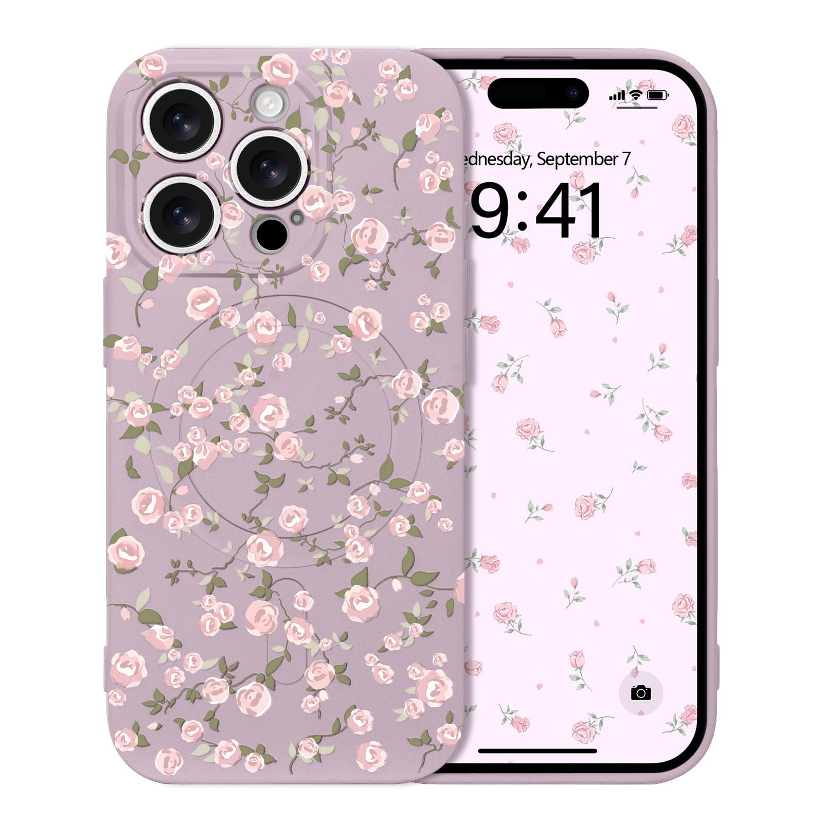 Micoden for iPhone 14 Pro Case Floral,Magnetic Silicone Compatible with Magsafe Cute for Girls Women Soft Shockproof Full Camera Protection Cover