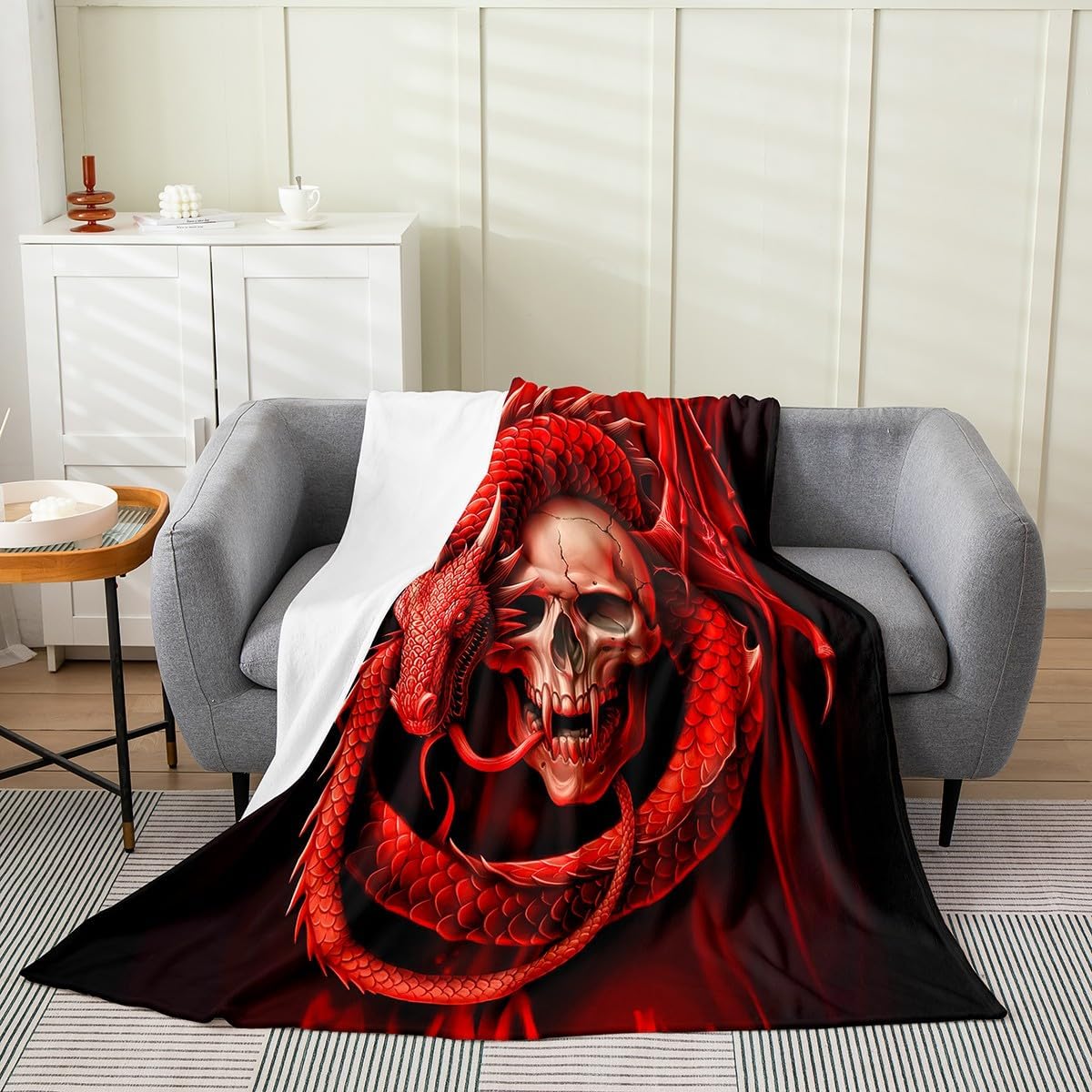 Erosebridal Sugar Skull Fleece Blanket Queen 90X90,Gothic Skull Skeleton Fuzzy Blanket,3D Dragon Animal Blanket,Black Red Throw Blanket Soft Breathable Home Room Decor for Kids Teens